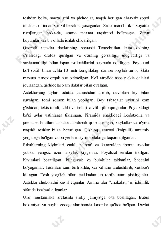 sak madaniyat yaratgan qudratli davlatga aylanadi va to ispanlar istilosigacha o'z xukmronligini saqlab kelgan. mayya ancha rivojlangan dehqonchilik xo'jaligiga ega bo'lib, o'rmonlarni toshboltalar bilan kesib, daraxtlarni kuydirganlar, kul bosgan dalani yog'och bilan ishlab urug' sepganlar. asosiy ekini makkajo'xori xisoblangan, undan tashqari loviya, pomidor, kalampir, qovoq va paxta ekilgan. go'shtga it va kurka boqilgan, bundan tashqari ov qilib ham go'sht yetkazganlar. baliqchilik va asalchilikni ham bilganlar. mayya indeyslari birinchi bo'lib kakao daraxtini o'stirib, mevasidan ichimlik tayyorlagan. bu yerda metall rudasi bo'lmaganligidan qurollarni mis bilan oltin qorishmasidan yoki sof oltindan yasalgan bezaklarni meksikadan va qo'shni mamlakatlardan keltirganlar. paxta va agava tolalaridan nozik matolar to'qigan. savdo-sotiq ancha rivojlangan, loviya va kakao urug'lari pul vazifasini bajargan. qul savdosi ham bo'lgan. qishloqlar yengil to'qima yopilgan, cho'qqaygan tomli uylardan tashkil topgan. qishloq markazida toshdan qurilgan ibodatxona qad ko'targan, unda zolagon va koxinlar yashagan. jamoa yeri uylangan erkaklar soniga qarab ya'ni har oilaga uch yilgacha taqsimlangan. zodagonlarga …