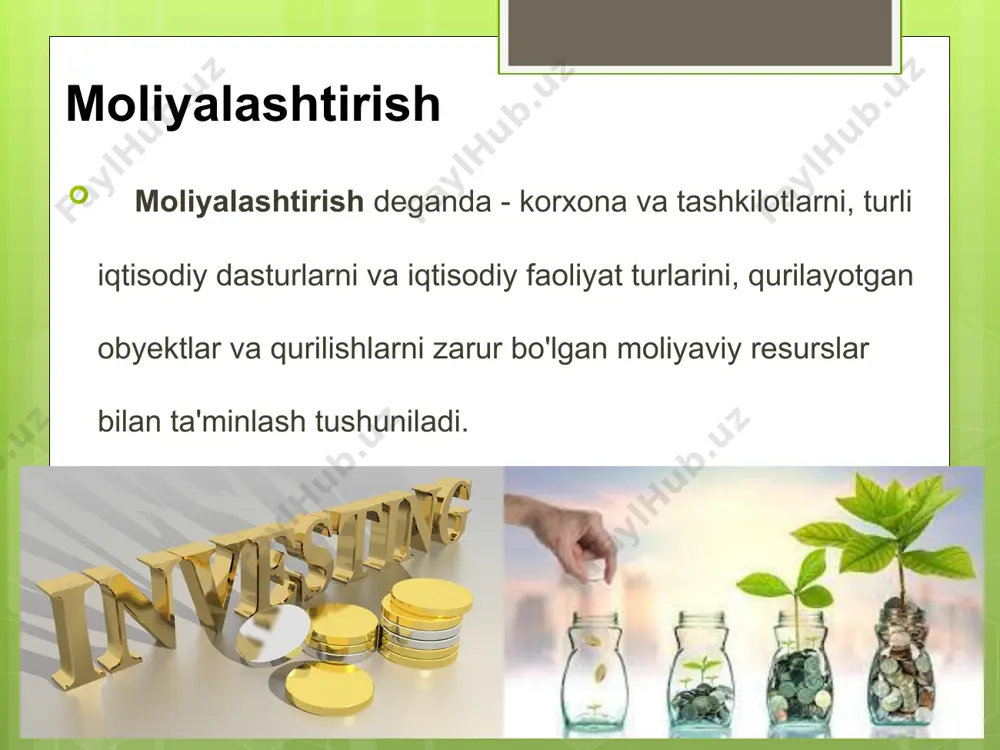 ng tushishi hajmi hisoblanadi. bozor iqtisodiyoti sharoitida investitsiya loyihalarini moliyalashtirishda jismoniy va yuridik shaxslarning o'z moliyaviy mablag'lari ahamiyati katta. rivojlangan bozor iqtisodiyoti mamlakatlarida agar investitsiya xarajatlarini moliyalashtirishning umumiy hajmida korxona o'z mablag'lari hissai 60 foiz va undan yuqori ulushga bunday xo'jaliklarda moliyaiashtirish darajasi yuqori hisoblanadi. fact hozir rivojlanayotgan mamlakatlar o’zini – o’zi moliyalashtirish mablag’lari korxona moliyaviy resurslarining 70 % ini tashkil qilsa: - uning 3/7 qismi taqsimlanmagan foyda, 4/7 qismi amortizatsiya ajratmasidir. image3.png image4.png image5.png image6.png image7.png image8.png image9.png image10.png image11.png image12.png image13.png image14.png image15.png image16.png image17.png image18.emf image19.png image20.png image21.png image22.png image23.png image24.png image25.png /docprops/thumbnail.jpeg
