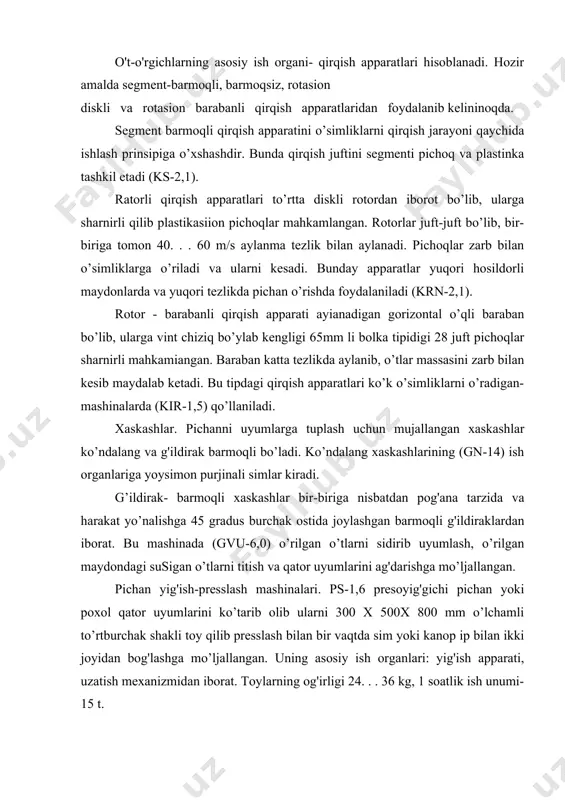 uyumlarini ag'darishga mo’ljallangan. pichan yig'ish-presslash mashinalari. ps-1,6 presoyig'gichi pichan yoki poxol qator uyumlarini ko’tarib olib ularni 300 x 500x 800 mm o’lchamli to’rtburchak shakli toy qilib presslash bilan bir vaqtda sim yoki kanop ip bilan ikki joyidan bog'lashga mo’ljallangan. uning asosiy ish organlari: yig'ish apparati, uzatish mexanizmidan iborat. toylarning og'irligi 24. . . 36 kg, 1 soatlik ish unumi- 15 t. pichan yig'ish pk-1.6a mashinasi - qator uyumlardan pichanni olib yumaloq shaklli uyumlar hosil qilishga mo’ljallangan. mashina qiya transportyor, yig'uvchi tuplagich, aylanadigan tubli silindrik uyumlagich, 2 ta pnevmatik g'ildirakli tayanchi va ramadan tashkil topgan. ish drganni traktor qovidan harakat oladi. ksk-yuoa o’ziyurar ozuqa yigish kombayni qator uyumlarini yig'ishga yoki tabiiy va ekilgan o’tlarni o’rishga, makkajo’xori yoki boshqa selosbop ekinlarni o’rish bilan bir vaqtda ularni maydalashga va yonida kelayotgan transportga ortishga mo’ljallangan, u shassi, dvigitel, kabina, silos o’tkazgich, maydalovchi baraban, shnek podborshchik, qirquvchi apparat, motovilo, ezuvchi moslama va hokazolardan tashkil topgan. …