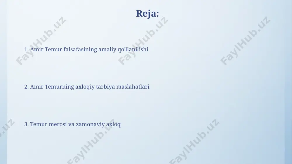 ida aniq aks etgan. ilm-fan va madaniyatga e’tibor temur hududidagi 30 dan ziyod shaharlarda astronomiya, matematika, tibbiyot kabi fanlar rivoj topib, jahon ilm-faniga sezilarli hissa qo‘shgan. amir temur davrida ilm-fan rivojiga 100 dan ortiq kutubxona va madrasalar qurilishi, milliy madaniyatning yuksalishiga ulkan hissa qo‘shganini ko‘rsatadi. vatanparvarlik va milliy g‘urur amir temurning buyukligi, uning 70 yildan ortiq hukmronligi davrida yaratilgan kuchli va mustaqil davlat, milliy birlik va g‘ururni namoyon etadi. amir temur davrida 100 dan ortiq qal’a va shaharlarning qurilishi, ularning himoyasi va rivojlanishi vatanparvarlik tuyg‘usining yuksak namunasidir. mehnatsevarlik va intizomlilik uning fikricha, 5 soatlik uzluksiz mehnat intizomlilik bilan birgalikda katta natijalarga olib keladi va bu harbiy strategiyada ham muhim ahamiyatga ega edi. temur davrida yuqori martabali amaldorlarning 10% i mehnatsevarlik va intizomlilik bo'yicha maxsus baholashdan o'tgan, bu esa ularning samaradorligini oshirishga yordam bergan. amir temur hayoti va faoliyati uning hukmronligi davrida movarounnahrda 100 dan ortiq yirik shahar va qishloqlar qayta …