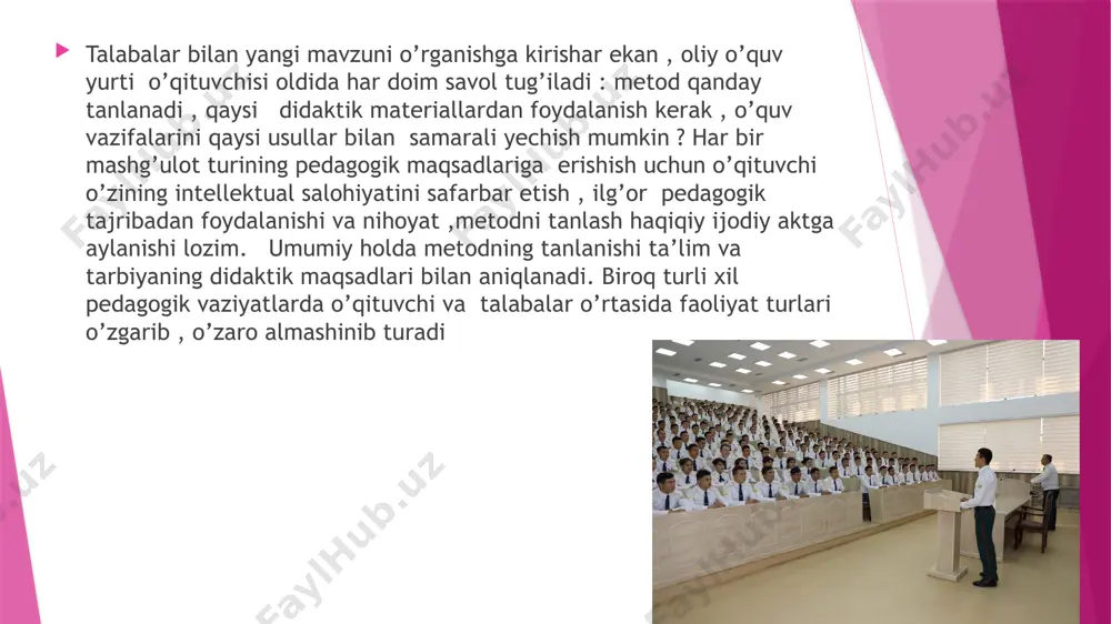 g u yoki mavzuni mustaqilligini ta’minlaydi. ta’limning umumiy maqsadidan kelib chiqib o’qitishning ayni bosqichidagi tarbiyaviy va rivojlantiruvchi masalarni yechish zaruratni hisobga olgan holda ajratilgan variant tahlillanadi va baholanadi. zamonaviy ta’limni tashkil etishga qo’yiladigan muhim talablardan biri ortiqcha ruhiy va jismoniy kuch sarf etmay ,qisqa vaqt ichida yuksak natijalarga erishishdir.qisqa vaqt orasida muayyan nazariy bilimlarni o’quvchilarga yetkazib berish,ularda ma’lum faoliyat yuzasidan ko’nikma va malakalarni hosil qilish,shuningdek,o’quvchilar faoliyatini nazorat qilish,ular tomonidan egallangan bilim,ko’nikma,malaka darajasini baholash o’qituvchidan yuksak pedagogik mahorat hamda ta’lim jarayoniga nisbatan yangicha yondoshuvni talab etadi. pedagogik texnologiya o’z mohiyatiga ko’ra subyektiv xususiyatiga ega,ya’ni,har bir pedagogo ta’lim va tarbiya jarayonini o’z imkoniyati,kasbiy mahoratidan kelib chiqib holda ijodiy tashkil etishi lozim.qanay shakl,metod va vositalar yordamida tashkil etilishidan qat’iy nazar pedagogik texnologiyalar: -pedagogik faoliyat samaradorligini oshirish; -o’qituvchi va o’quvchilar o’rtasida o’zaro hamkorlikni qaror toptirish; -o’quvchilar tomonidan o’quv predmetlari bo’yicha puxta bilimlarning egallanishini ta’minlashi; -o’quvchilarda mustaqil,erkin va ijodiy fikrlash ko’nikmalarini shakllantirishi; -o’quvchilarning o’z imkoniyatlarini …