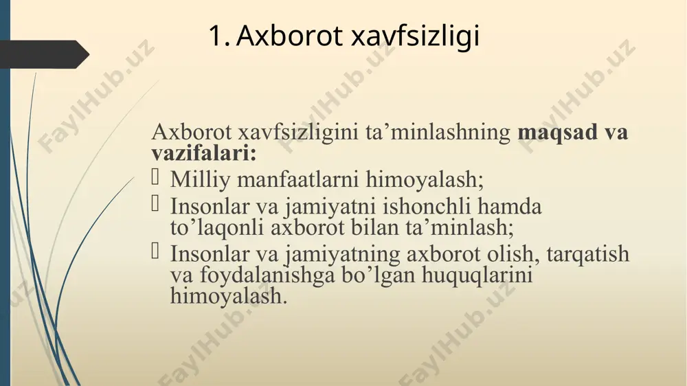 ik axborotlarni himoya qiladi. axborotni himoya qilishning texnik usullari apparatli, dasturli va apparat-dasturliga bo‘linadi. texnik usullarda quyidagi harakterdagi masalalar ko‘rib chiqiladi: kompyuter tizimlari va tarmoqlarida axborotga ruxsatsiz murojaat qilishdan himoya etish; virusdan himoya qilish; elektrmagnit, akustik maydon va nurlanishlar orqali «ushlab» olishni bartaraf etish; kriptografik usul asosida xabarlarni yuqori darajada yopiqligini 4. kompyuter viruslari va ularning turlari. kompyuter viruslaridan himoyalanish komp`yuter virusi – o'z nusxasini komp`yuter tizimlariga yoki komp`yuter tarmoqlariga tarqatib, ularning qonuniy foydalanuvchilari manfaatlariga zid ravishda ma'lum bir g'arazli amallarni bajaruvchi buyruqlar ketma-ketligidir. virus ta'rifidan kelib chiqqan holda, unga xos bo'lgan asosiy xususiyatlari: komp`yuter virusi – buyruqlar ketma-ketligidir. bu buyruqlar ma'lum dasturlash tili yordamida yaratilib, qo'llanadilar. komp`yuter virusi tarqaladi. virus o'z nusxasini ko'paytiradi va bajariladigan fayllar, dasturlarga, tizimli sohaga joriy etilib tarqaladi. shu bilan birga yaratilgan nusxaning o'zi ham tarqalib, ko'payish imkoniyatiga ega. virus ba'zida o'z nusxasini emas, balki boshqa buyruqlar ketma-ketligini ham tarqatish imkoniga ega. komp`yuter virusi foydalanuvchi …