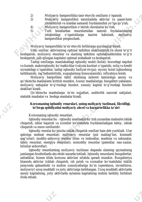 ing taqsimlanmagan foyda qatorida aks etadi. ushbu qatorning realligini ta’minlash yuzasidan ko’pincha debitorlik majburiyatlarining qisqa muddatlikda oqlanishiga ahamiyat karatish lozim bo’ladi. bu jarayon faqat ularning pullik ko’rinishda aktivda to’planishini emas balki, aktivlarning barcha turlari bo’yicha to’planishi mumkinligini ham harakterlaydi. shu sababli ko’pincha passiv tamonda aks etuvchi foyda summasining sifatligi ta’min etilmaydi. majburiyatlar tarkibida kreditorlik majburiyatlarining ko’payib ketishi ham firma, kompaniya faoliyat natijaviyligiga sezilarli ta’sir etadi. negaki, uning holati ishlab chiqarish jarayoniga va uning boshqa tashkilotlar bilan bo’ladigan oldi-sotdi munosabatlariga ta’sir etadi. natijada korxonalarga ishonchsizlik tug’iladi. ishonchsizlik yuz bergan joyda albatta ishning unumi va natijaviyligiga ham putur etadi. aktivlarni joylashtirish nafaqat korxona faoliyat natijaviyligiga balki uning moliyaviy holatiga ham bog’liq ravishda uzgaradi. passivlarni joylashtirishdagi eng birinchi talablar bu xususiy sarmoyaning jami sarmoyaning tarkibidagi ulushining yuqoriligi bilan, xususiy sarmoyaning qarz sarmoyasiga karam bo’lmasligi shartlari bilan belgilanadi. ya’ni, korxona avvalo moliyaviy jihatdan mustaqillikka ega bo’lmog’i, uning tug’ri nisbatini saklashi lozim. moliyaviy barqarorlikning muhim …