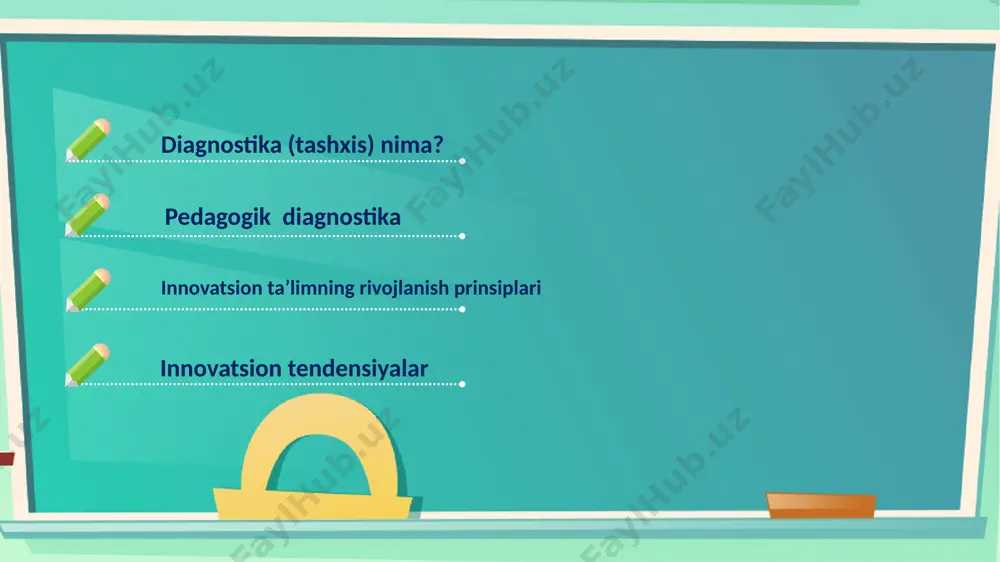 nizatsiya qilish, axborot-kommunikatsiya texnologiyalari imkoniyatlaridan ta’lim jarayonida samarali foydalanish, masofaviy ta’limni zamonaviy akt asosida joriy etish; • ta’lim muassasalarining mintaqaviy va xalqaro miqyosda integratsiyalashuvi, ta’lim sohasidagi xalqaro hamkorlikning rivojlanib borishi; • ta’lim muassasalarini moliyalashtirish manbalarining ko‘payib borishi, byudjetdan tashqari moliyalashtirish; • ta’lim sifatini boshqarishga xalqaro standartlar talablarini joriy etish. diagnostikani tashkil etishda ta’lim innovatsionlari quyidagi o‘zgarishlarga olib keladi: • pedagogik tizimning tamomila o‘zgarishi; • o‘quv jarayonining o‘zgarishi; • ta’lim sifati, samaradorligini baholash o‘zgarishi; • o‘qituvchi faoliyatining o‘zgarishi; • o‘quvchi faoliyatining yangilanishi; • pedagogik texnologiyaning zamonaviylashishi; • ta’lim mazmunining yangilanishi; • o‘qitish shakl, metod va vositalarining o‘zgarishi; • ta’lim tizimi boshqaruvining o‘zgarishi; • ta’lim maqsadi va natijalarning o‘zgarishi. http://powerpointbase.com – это самый крупный портал бесплатных шаблонов презентаций powerpoint. http://powerpointbase.com/premium/ - premium шаблоны презентаций powerpoint http://powerpointbase.com/wordtemplates/ - шаблоны word для создания эффектных раздаточных материалов http://powerpointbase.com/diagrams/ - шаблоны диаграмм и графиков для большей визуализации в презентациях http://powerpointbase.com/certificates/ - шаблоны сертификатов, дипломов, грамот а …