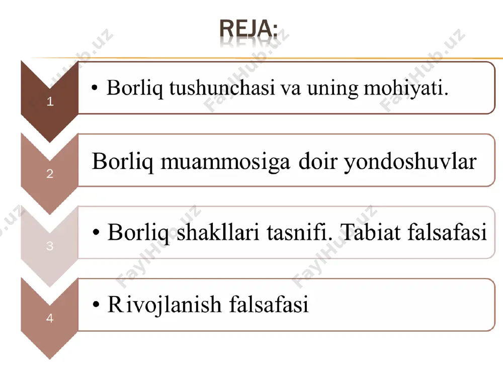 borliq azaliy ollohning o`zidir. beruniy fikricha, borliq hamma narsaning asosidir. * sharq mutafakkirlari fikricha borliq ibn sino fikricha borliqning asosi “vujudi vojib” ya`ni olloxdir. vujudi vojib bu uning mavjudligi sababini boshqa narsalardan qidirish noorin. chunki birinchi sabab uning natijasi bo`lgan xilma xil jarayonlarning mohiyatiga bog`liq bo`la olmaydi forobiy fikricha borliq ikkiga bo`linadi “vujudi vojib” barcha mavjud yoki paydo bo`lishi mumkin bo`lgan narsalarning sababi “vujudi mumkin” esa doimo o`zgarishda, ziddiyatli munosabatlarda unda barcha narsalar oddiydan murakkabga, tartibsizlikdan tartiblilikka qarab harakat qiladi borliq borliq – mavjudlikning barcha shakllarini, turlarini va ko`rinishlarini o`ziga qamrab oluvchi eng umumiy va universal falsafiy kategoriyadir butun mavjudotni, uning o’tmishini, hoziri va kelajagini ifodalovchi tushuncha. uning asosiy belgisi – mavjudligidir. borliq barcha mavjud narsalarni o`z ichiga qamrab oladi. borliq turli asoslarga ko’ra, moddiy (obyektiv reallik) va goyaviy (subyektiv reallik), real va virtual, aktual va potensial turlardan iborat. borliqning asosiy sohalariga tabiat, jamiyat va ong kiradi. barcha mavjud narsalar …