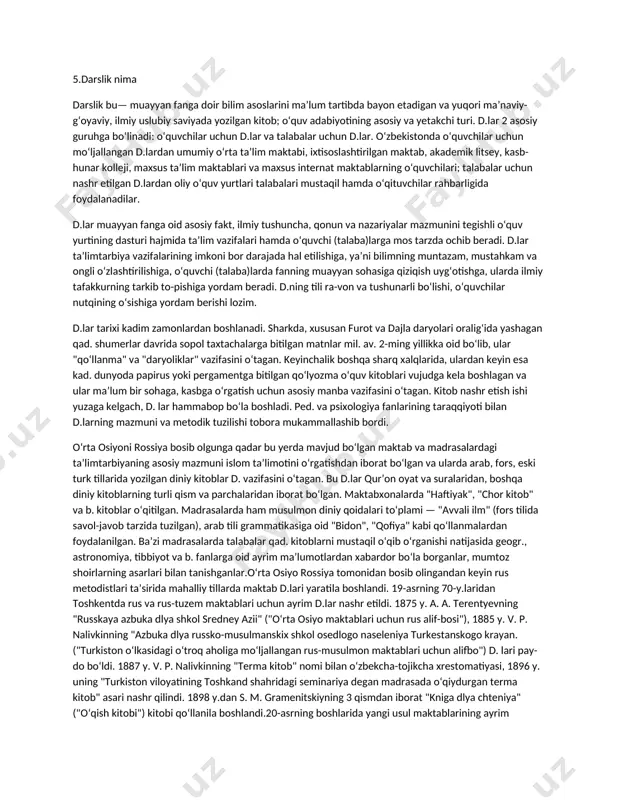 ан илмий йўналишга мос тушуши керак, шундагина илмий жамоа малакаси ва ваколатидан тўлиқ равишда фойдаланиш имконияти туғилади, уни сифатли ва юқори назарий даражада бажарилиши учун замин яратилади, бажарилиш муддати камаяди. мавзуни танлаш жараёнида мамлакатимиз ва хорижий давлатлардаги адабиёт манбаларини ўрганиш, яъни ахборот излаш вазифаси ҳам бажарилади. кейинги йилларда мавзуни танлашда эксперимент баҳолаш усули кенг қўлланилмоқда. бу усул бўйича режалаштирилаётган мавзу мутахассис-экспертлар томонидан баҳоланади. ҳар бир эксперт мавзуни тегишли талаблар асосида баҳолайди, бунда энг кўп балл тўплаган мавзу мақбул деб топилади. 3.xulosa nima? хулоса. “тадқиқот ўз олдига қўйган мақсадга эришдими?” деган саволга жавоб беради. албатта тезисда бошқа муаллифларнинг ишидан фойдаланганлигингиз, уларнинг фикрларини келтирганингизда муаллиф иши, асари, мақоласига ҳавола беришингиз лозим. бу илмий изланишлар маконида сиз қанчалик тўғри ва эркин ҳаракатланганингизни кўрсатади. 4 . monografiya nima? monografiya (mono... va ... grafiya) — muayyan mavzu yoki muammoni, biror olim yoki yozuvchi hayoti va faoliyatini atroflicha, chuqur tadqiq etuvchi ilmiy asar. m.da yoritilayotgan masala …
