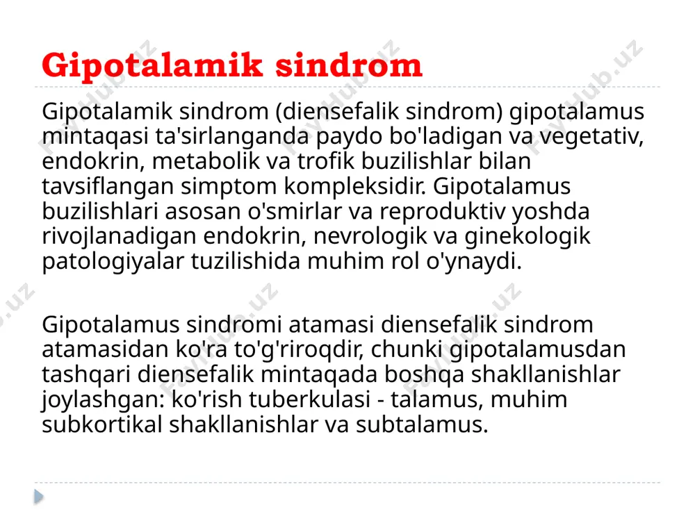 l gipotalamik sindrom yuvenil gipotalamik sindrom atamasi gipotalamus-gipofiz-adrenal-tuxumdonlar tizimining buzilishi bilan endokrin disregulyatsiya bilan tavsiflangan kasallik sifatida tushuniladi, bu 11-18 yoshda yuzaga keladigan diensefalonning birlamchi buzilishi neyro-endokrin regulyatsiyaning nomutanosibligiga olib keladi psixotravmatik vaziyatlar travmatik miya shikastlanishi (jarohatdan keyin 6 oy yoki undan ko'proq vaqt davomida sodir bo'lishi mumkin) meningit, intoksikatsiya, og'ir yoki tez-tez takrorlanadigan virusli kasalliklar (gripp, o'tkir respirator infektsiyalar, qizamiq, gerpes) tonsillar infektsiyasi (jhs dekompensatsiyalangan tonzillitning namoyon bo'lishi sifatida ko'rib chiqilishi kerak) va yashirin infektsiyaning boshqa o'choqlari haddan tashqari aqliy yuk tug'ilish jarohati patogenezi simpatik-adrenal tizimning markaziy qismlarining haddan tashqari funktsional faolligi kuzatiladi relizing gormoni, kortikoliberin va gonadotropinlarning gipotalamus sekretsiyasining neyrotransmitter tomonidan regulyatsiyasi buzilganligi sababli yuzaga keladi. turli omillar ta'sirida endorfin sintezi va ajralishi kuchayadi va dofamin hosil bo'lishi kamayadi, katexolaminlar va serotonin sekretsiyasi kuchayadi. ushbu moddalar tananing endokrin va reproduktiv funktsiyalari uchun mas'ul bo'lgan gipotalamusning yadrolarini qo'zg'atadi. patogenezi natijada kortikoliberin va prolaktin sekretsiyasi doimiy ravishda oshadi. gonadotropinlarni chiqaradigan …