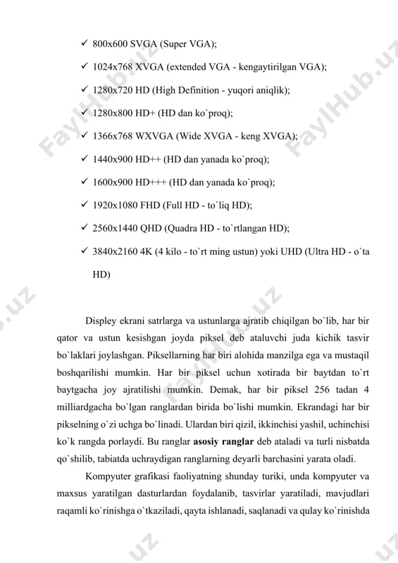 ey ekrani satrlarga va ustunlarga ajratib chiqilgan bo`lib, har bir qator va ustun kesishgan joyda piksel deb ataluvchi juda kichik tasvir bo`laklari joylashgan. piksellarning har biri alohida manzilga ega va mustaqil boshqarilishi mumkin. har bir piksel uchun xotirada bir baytdan to`rt baytgacha joy ajratilishi mumkin. demak, har bir piksel 256 tadan 4 milliardgacha bo`lgan ranglardan birida bo`lishi mumkin. ekrandagi har bir pikselning o`zi uchga bo`linadi. ulardan biri qizil, ikkinchisi yashil, uchinchisi ko`k rangda porlaydi. bu ranglar asosiy ranglar deb ataladi va turli nisbatda qo`shilib, tabiatda uchraydigan ranglarning deyarli barchasini yarata oladi. kompyuter grafikasi faoliyatning shunday turiki, unda kompyuter va maxsus yaratilgan dasturlardan foydalanib, tasvirlar yaratiladi, mavjudlari raqamli ko`rinishga o`tkaziladi, qayta ishlanadi, saqlanadi va qulay ko`rinishda tasvirlanadi. kompyuter grafikasi o`tgan asrning 70-80-yillaridan boshlab ommaviylasha boshladi. hozirgi kunda kompyuter grafikasi shu qadar rivojlanganki, uning ehtiyojlarini qondirish kompyuter texnikasining jadal rivojlanishining asosiy sabablaridan biri bo`lib qolmoqda. kompyuter grafikasi ilm-fanga, tijoratga, san`at va sportga …