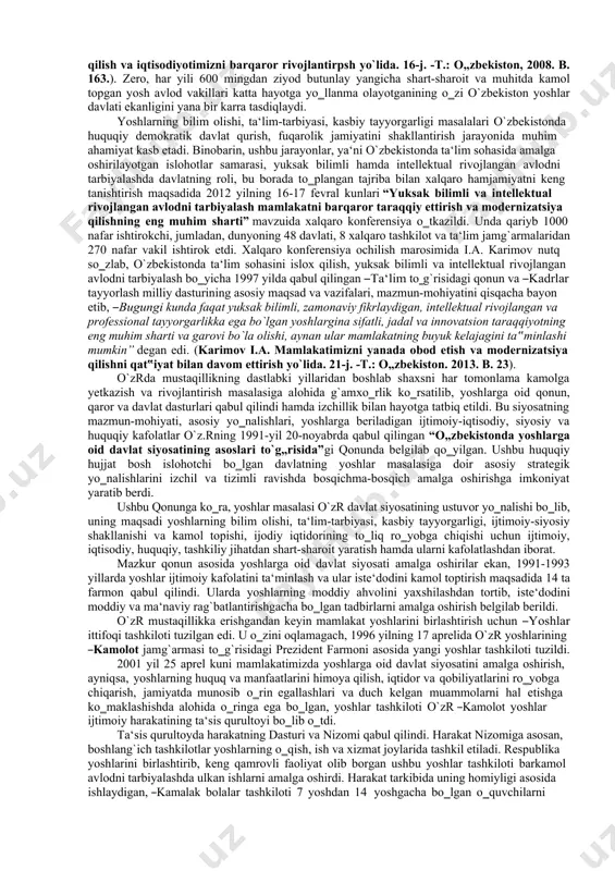 zbekiston, 2008. b. 163.). zero, har yili 600 mingdan ziyod butunlay yangicha shart-sharoit va muhitda kamol topgan yosh avlod vakillari katta hayotga yo‗llanma olayotganining o‗zi o`zbekiston yoshlar davlati ekanligini yana bir karra tasdiqlaydi. yoshlarning bilim olishi, ta‘lim-tarbiyasi, kasbiy tayyorgarligi masalalari o`zbekistonda huquqiy demokratik davlat qurish, fuqarolik jamiyatini shakllantirish jarayonida muhim ahamiyat kasb etadi. binobarin, ushbu jarayonlar, ya‘ni o`zbekistonda ta‘lim sohasida amalga oshirilayotgan islohotlar samarasi, yuksak bilimli hamda intellektual rivojlangan avlodni tarbiyalashda davlatning roli, bu borada to‗plangan tajriba bilan xalqaro hamjamiyatni keng tanishtirish maqsadida 2012 yilning 16-17 fevral kunlari “yuksak bilimli va intellektual rivojlangan avlodni tarbiyalash mamlakatni barqaror taraqqiy ettirish va modernizatsiya qilishning eng muhim sharti” mavzuida xalqaro konferensiya o‗tkazildi. unda qariyb 1000 nafar ishtirokchi, jumladan, dunyoning 48 davlati, 8 xalqaro tashkilot va ta‘lim jamg`armalaridan 270 nafar vakil ishtirok etdi. xalqaro konferensiya ochilish marosimida i.a. karimov nutq so‗zlab, o`zbekistonda ta‘lim sohasini islox qilish, yuksak bilimli va intellektual rivojlangan avlodni tarbiyalash bo‗yicha …