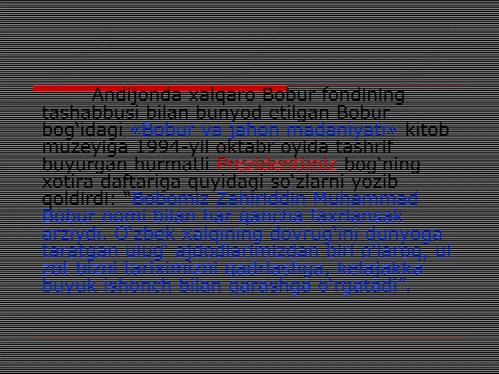 bobur.devon, 63-bet). bu g’azallar alisher navoiydan ilhomlanish natijasida maydonga kelgan. ma’lumki, alisher navoiyning «badoye’ ul-bidoya» devonida: ko’zung ne balo qaro bo’lubtur, kim jonga qaro balo bo’lubtur,- matla’li 7 baytlik g’azali bor (mat, 1-tom, 140-141-betlar). bobur g’azallarida shoirning hayotiy voqealardan olgan taassurotlari, hasbi holi, kayfiyati bilan bog’liq bo’lgan mavzulardan bahs yuritish ham ko’zga tashlanadi. jumladan: charxning men ko’rmagan javru jafosi qoldimu? xasta ko’nglum chekmagan dardu balosi qoldimu? (bobur. devon, 51-52-betlar). yana: keldi ul vaqteki, boshimni olib ketgaymen, olam ichra ayog’im yetganicha yetgaymen… dema boburga netarsen, bosh olib ketmak ne? tangrining xosti mundoq esa, men netg’aymen? (bobur. devon. 48-49-betlar). bunday kayfiyat boburning ruboiylarida ham o’z aksini topgan: tole’ yo’qi jonimg’a balolig’ bo’ldi, har ishniki ayladim, xatolig’ bo’ldi. o’z yerni qo’yib, hind sori yuzlandim, yo rab, netayin, ne yuz qarolig’ bo’ldi. (bobur. devon, 101-bet) bobur ijodida hasbi hol 6. hayot zavqi, tabiat go’zalliklaridan zavqlanish, inson va insoniylikni ulug’lash, vatan va vatandoshlarni sevish, avaylash …