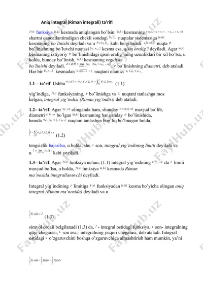 aniq integral (riman integrali) ta’rifi va xossalari — DOCX