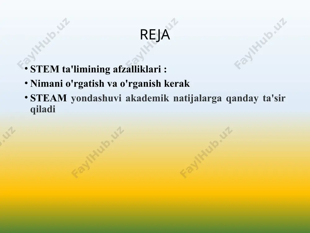 dan "qazib olinadi". nimani o'rgatish va o'rganish kerak - tanqidiy fikrlash - mas'uliyatni o'z zimmasiga olish va -qaror qabul qilish -interaktiv modellarni yaratish - o'z mahsulotingizni yarating - loyiha madaniyatini o'zlashtirish - o'z tajribangizga tayaning boshlangich maktabda ta'lim matematika va tabiiy fanlarga qiziqishni texnologiya, robototexnika va dizayn sohasida bilim olishga yordam beradi. ijodkorlik va muloqot qobiliyatlarini rivojlantirishga yordam beradi. bolaning potentsialini va kasbiy o'zini o'zi belgilashini erta aniqlashga yordam beradi. maktabga va boshlanginchi ta’lim bolalari uchun stem ta’lim kognitiv faoliyat jarayonida intellektual qobiliyatlarni rivojlantirish va ilmiy-texnik ijodkorlikka jalb qilish uchun yo'qolmaslik uchun nima qilish kerak? fan hisoblanadi qiziqarli ! fan bayram bo'lishi, o'quvchilar uchun qiziqarli va qiziqarli bo'lishi kerak. steam yondashuvi an'anaviydan sezilarli darajada farq qiladi: bolalar o'zlarini tayyorlashga ko'proq vaqt ajratadilar, muammolarni topish va ularni mustaqil ravishda hal qilishni o'rganadilar. bolalar o'zlarining yaxshi va yomon ta'lim tajribalari bilan o'rtoqlashadilar va birgalikda loyihalar ustida ishlashadi yoki muayyan muammolarni hal qilishadi. …
