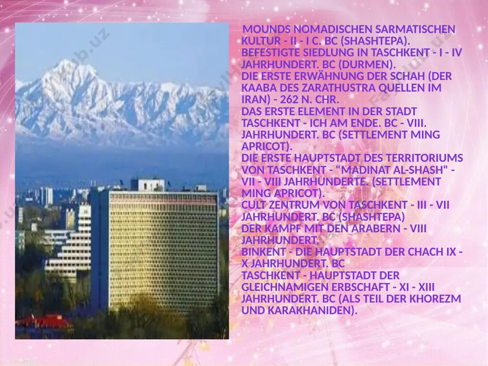 universität, tashkent university of information technology, international westminster university in taschkent, taschkent theater-und kunst-institut . ostrovsky, taschkent institut für eisenbahn-ingenieure, ballettschule, und viele andere), 11 theater (darunter z. b. akademische opern-und ballett-theater ilkhom und andere), geschichte 22 museen (darunter der künste usbekistans, der völker usbekistan, die usbekischen kunst und kunsthandwerk, natur, von literatur. navoi und andere). ie stadt verfügt über herrlichen baudenkmälern, wie dem mausoleum von sheikhantaur (xv jahrhundert) und kaffal shashi, barak-khan und kukeldash (alle xvi jahrhundert). in taschkent gibt es viele wissenschaftliche und technische organisationen: der physikalisch-technischen institut, usbekistan akademie der wissenschaften, institut für elektronik, institut für kernphysik (ulugbek im dorf) und viele andere. interessante fakten taschkent fernsehturm ist das höchste bauwerk in zentralasien, seine höhe beträgt 375 meter, ist 11 auf der höhe des turms der welt. in taschkent, in der zweiten hälfte des xix jahrhunderts gab es einen sklavenmarkt mit den freien kauf und verkauf von …