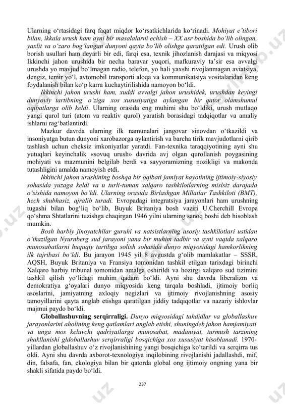 an yoki hech bo‘lmasa uning ta’siri va oqibatlaridan butunlay chetlashish imkonini bermas edi. bu mazkur davrdan e’tiboran tarix faqat evropa tarixi yoki, aytaylik, alohida xitoy, rossiya, amerika, g‘arb, sharq tarixi bo‘libgina qolmasdan, insoniyat tarixiga, ya’ni tom ma’nodagi jahon tarixiga ham aylanganidan dalolat beradi. 1918 yilda birinchi jahon urushining tugashi xalqaro maydonda kuchlarning yangicha nisbati yuzaga kelishiga sabab bo‘ldi va turli davlatlarning urushdan keyingi munosabatlari, manfaatlari va qarama-qarshiliklarini yanada tarangroq tugunga bog‘lagan oqibatlarga olib keldi, shu tariqa butun dunyoni barcha asosiy ko‘rsatkichlar bo‘yicha jahon hamjamiyatiga aylantirdi. pirovardda birinchi va ikkinchi jahon urushlari oralig‘idagi davrda globallashuv jarayonlari yanada bo‘rtibroq namoyon bo‘ldi. bu davrda, globallashuvning asosiy beligilari: a) biosferaga antropogen ta’sirning kuchayishi va insonning real «geologik kuch»ga aylanishi; b) ommaviy madaniyat, avvalo kino, musiqa, adabiyot, keng iste’mol mollari ishlab chiqarish sohasida faol rivojlana boshlashi; v) televizorning ixtiro etilishi, vaqt o‘tishi bilan u ommaviy madaniyatning asosiy targ‘ibotchisiga va globallashuv ramziga aylanishi; g) makon va …