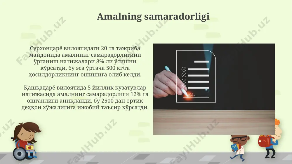 rimizga 1 million dollarlik investitsiyani jalb qilish, 10 ta yangi texnologiyalarni joriy etish va qo'qon shahrida keng ko'lamli trening dasturini o'tkazish kiradi. kelajakdagi rejalarimizga 50 dan ortiq yangi mijozlarni jalb qilish, toshkent va samarqand shaharlarida 3 ta yangi ofis ochish hamda xodimlar sonini 20% ga oshirish kiradi. muvaffaqiyatlar va qiyinchiliklar samarqand viloyatida 2023-yil davomida amalga oshirilgan amaliyotni yakunlashda 5 dan ortiq mutaxassisning ishtiroki bilan 15 ta loyiha muvaffaqiyatli bajarildi, ammo moliyaviy resurslarning cheklanganligi qiyinchilik tug'dirdi. farg'ona vodiysida 20 ta qishloq xo'jaligi korxonasida o'tkazilgan amaliyot natijalarini tahlil qilishda 70% muvaffaqiyatga erishildi. biroq, transport muammolari va mavsumiy omillar amaliyotning samaradorligiga salbiy ta'sir ko'rsatdi. tajriba va bilimlar amaliyot davomida 5 ta turli sohalarda 10 ta loyiha amalga oshirildi, natijada 20 dan ortiq yangi texnologiyalar qo'llanildi va samarqand viloyatida sinovdan o'tkazildi. “tajriba va bilimlar” amaliyoti natijalarini tahlil qilishda, 85% ishtirokchilar o'zlarining bilimlarini 2 ballga oshirganliklarini, 15% esa 3 ballga oshirganliklarini ta'kidlashdi. tavsiyalar va takliflar …