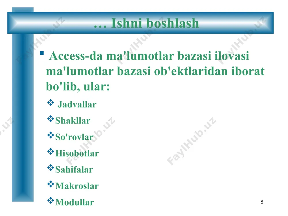 i mumkin access allaqachon qiymatlarni o'z ichiga olgan maydonlarning ma'lumotlar turini o'zgartirish imkonini beradi. biroq, ba'zi o'zgarishlar ma'lumotlarni muvaffaqiyatli konvertatsiya qilishni ta'minlamaydi, masalan, belgilar (matn) bilan to'la maydonni raqam qiymatiga aylantirishga urinish 16 jadvallar format xususiyatlarini o'zgartirish: kirish sukut bo'yicha ma'lumotlarni kiritilgan formatda ko'rsatadi. siz ma'lumotlarni boshqa formatda ko'rsatishingiz mumkin. access ma'lumotlar qiymatini emas, balki displey formatini o'zgartirishga imkon beradi maydon xususiyatlari panelida joylashgan format xususiyati oldindan belgilangan formatlarga kirishi va amalga oshirishi mumkin (ma'lumotlar turiga bog'liq) yoki o'zingizning shaxsiy tartibingizni yaratishga imkon beradi. 17 shakllar shakllar ma'lumotlar bazasi jadvallari uchun foydalanuvchi interfeysini ta'minlaydi. ular ma'lumotlar bazasi jadvallaridagi ma'lumotlarni kiritish, tahrirlash va ko'rsatishning asosiy usuli sifatida ishlatiladi ma'lumotlar jadvalidan bir xil funktsiyalarni bajarish uchun foydalanishingiz mumkin bo'lsa-da, taqdim etilgan ma'lumotlarni tartibli shaklda shakllantiradi va shu bilan ma'lumotlarni kiritishni yaxshilaydi. shakllar odatda grafik ob'ektlar va jadval ma'lumotlarini birlashtirgan tartib hujjatlaridir 18 shakllar jadval ma'lumotlariga kirishni ta'minlash uchun boshqaruv elementlari deb ataladigan …