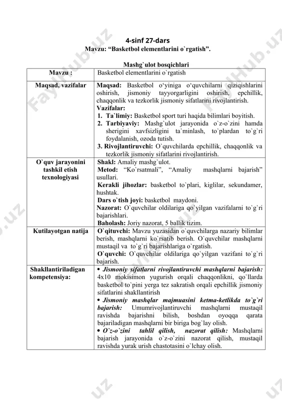 x x x x x x x x basketbolning kelib chiqish tarixi, maydon va to`pining o`lchamlari haqida bilim berishda rasmlardan foydalanish. mashqlarni to`g`ri bajarishga harakat qilish. mashqlarni 25-30 metr masofagacha bajarish. urm larni to`g`ri bajarishga e’tibor qaratish. boshni bog`inlar bilan to`liq, ko`zni yummasdan bajarish. kuraklarni to`liq aylantirish. shoshmasdan, belni to`liq aylantirish. egilish jarayonida tizzalarni bukmasdan bajarish. ko`proq egilishga harakat qilish. gavdani tik tutishga ahamiyat qaratish. oyoqlarni orqaga tashlaganda orqaga kerishishni unutmaslik. tizzalarni bukmaslikka e’tibor qaratish. balandroq sakrashga harakat qilish. asosiy qism 24-26 daqiqa · to`pni qo`llarda to‘g`ri ushlash va joyida sakratish. · bir-biriga to`pni ko‘krakdan sherigiga uzatish va qabul qilish. · bir zarbda to`pni poldan sherigiga uzatish. · bir qo`llab to`pni sakaratib yurish. 4-6 daqiqa 4-6 daqiqa 4-6 daqiqa 6-8 daqiqa sinf o`quvchilarini 3-4 guruhga bo`lib olish. to`pni sherigiga havodan to‘g`ri uzatish va qabul qilish. harakat jarayonida qo`l va oyoqlarni aniq bajarish. yakuniy qism 3-5 daqiqa qayta bir qatorga saflanish. …