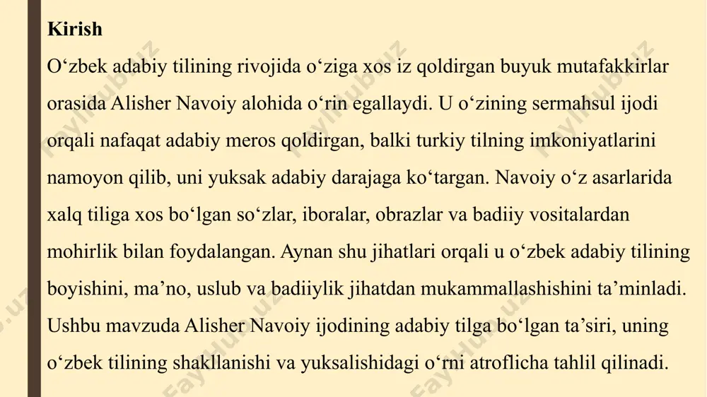 ulomov a. alisher navoiy va o‘zbek adabiy tili. – toshkent: o‘qituvchi, 1991. sirojiddinov sh. alisher navoiy va adabiy til masalalari. – toshkent: fan, 1992. karimov i.a. yuksak ma’naviyat – yengilmas kuch. – toshkent: ma’naviyat, 2008. qodirov n. navoiy merosi va zamonaviylik. – toshkent: yozuvchi, 2011. o‘zbek tilshunosligining dolzarb masalalari / tahrir hay’ati: m. jo‘rayev va boshq. – toshkent: fan, 2009. image1.jpeg image2.jpeg image3.jpeg image4.jpeg /docprops/thumbnail.jpeg
