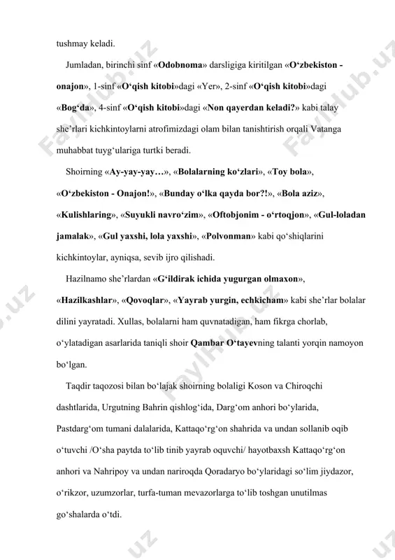 bahrin qishlog‘ida, darg‘om anhori bo‘ylarida, pastdarg‘om tumani dalalarida, kattaqo‘rg‘on shahrida va undan sollanib oqib o‘tuvchi /o‘sha paytda to‘lib tinib yayrab oquvchi/ hayotbaxsh kattaqo‘rg‘on anhori va nahripoy va undan nariroqda qoradaryo bo‘ylaridagi so‘lim jiydazor, o‘rikzor, uzumzorlar, turfa-tuman mevazorlarga to‘lib toshgan unutilmas go‘shalarda o‘tdi. ijodga qattiq ko‘ngil qo‘ygan shoir 1974 yilda oilasi bilan toshkentga ko‘chib kelib g‘afur g‘ulom nomli adabiyot va san’at nashriyotida ish boshlaydi. bisotida ancha yetilib qolgan she’rlarini to‘plab “vatan tuprog‘i”, “bizning kosmos” nomli kitoblarini chop ettirdi. she’rlari va ertak-dostonlari tiniqib, tilga tusha boshladi. shoir qambar ota yozgan asarlari ichida vatanparvarlik, ta’lim tarbiyaga oid “sadoqat”, “vatan sog‘inchi”, “o‘xshamay ketgur...”, “qo‘ng‘izlar jangi”, “bola aziz”, “sardor afsonasi”, “o‘tgan gap” kabi teran mazmunli she’rlari va talant bilan yozilgan “erka egizaklar”, “bog‘bon hikoyasi” dostonlari, yuzlab qo‘shiqlari shuhrat keltirdi. shoirning ijodi 1999 yilda prezidentimiz tomonidan ii-darajali “sog‘lom avlod uchun” ordeni bilan taqdirlandi. qambar ota (oʻtayev) 1941 yil 12 yanvarda kattaqoʻrgʻon shahrida tavallud topdi. samarqand suv …