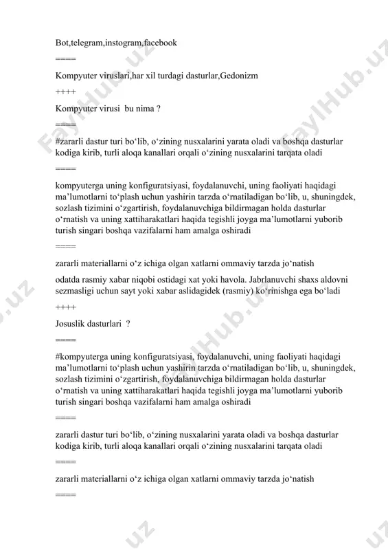 rzda o‘rnatiladigan ==== foydalanuvchiga bildirmagan holda dasturlar o‘rnatish va uning xattiharakatlari haqida tegishli joyga ma’lumotlarni yuborib turish singari boshqa vazifalarni ham amalga oshiradi ==== zararli dastur turi bo‘lib, o‘zining nusxalarini yarata oladi va boshqa dasturlar kodiga kirib, turli aloqa kanallari orqali o‘zining nusxalarini tarqata oladi ==== ++++ kompyuter virusining asosiy maqsadi nima? ==== #kompyuterni ishdan chiqarish, fayllarni o‘chirish, foydalanuvchi ishini to‘sish kompyuterga uning konfiguratsiyasi ==== zararli materiallarni o‘z ichiga olgan xatlarni ommaviy tarzda jo‘natish ==== odatda rasmiy xabar niqobi ostidagi xat yoki havola ++++ gedonizm qanaqa so’zdan olingan va nima manoni bildiradi? ==== #qadimgi yunoncha “zavq” ==== qadimgi xitoycha “dard” ==== qadimgi lotincha “shavq” ==== qadimgi yaponcha “hursandchilik” ++++ nechanchi yilda garvard biznes maktabi mustaqil tashkilot sifatida garvard business publishing (hbp) ni yaratdi? ==== #1994-yil ==== 1997-yil ==== 1998-yil ==== 1999-yil ++++ globallashuv so’zi qaysi tildan olingan va nima degan ma’noni bildiradi ? ==== qirg’izcha “globalizatsiya” dumaloqlashuv,quralashuv ==== #lotincha “globalizatsiya” …