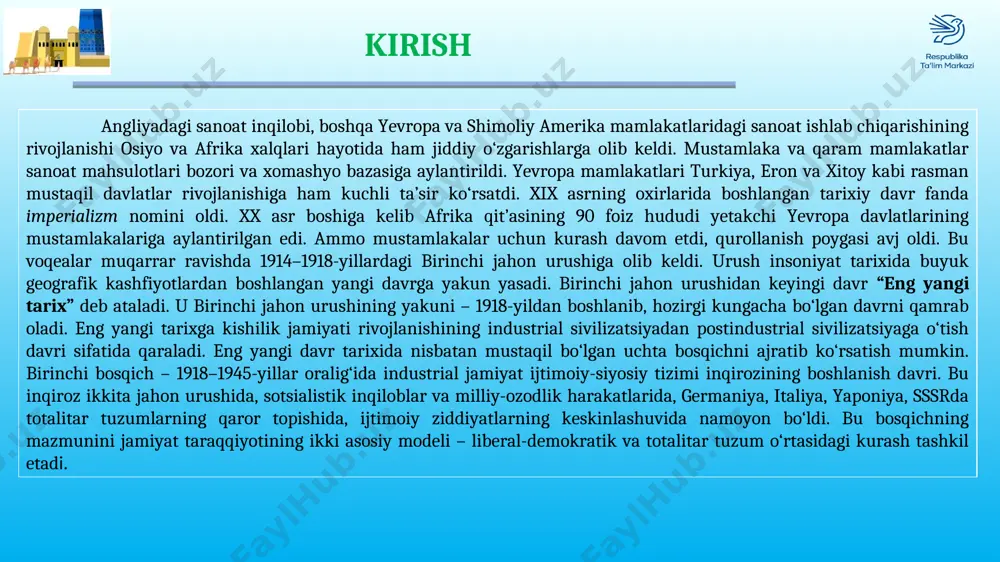 laka tizimining qulashi va ko‘plab mustaqil davlatlarning tashkil topishi, “sovuq urush”, dunyoni yadroviy halokat yoqasiga olib kelgan qurollanish poygasi tashkil qiladi. bu davr asosan sovetlar totalitar tuzumi va liberal demokratiya o‘rtasidagi global qarama-qarshilik bilan tavsiflanadi. 1991-yildan boshlangan uchinchi bosqich xalqaro munosabatlarda shakllangan ikki qutbli dunyo tizimining inqirozi, sotsialistik tuzumning barbod bo‘lishi, sssrning parchalanib ketishi va sobiq sovet respublikalarining mustaqil taraqqiyot yo‘liga kirishi bilan boshlanadi. bu davr globallashuv, “uchinchi dunyo” mamlakatlari rivojlanishining jadallashuvi, sivilizatsiyalar o‘rtasidagi ziddiyatlarning kuchayishi bilan xarakterlanadi. mazkur darslikda yangi davrning so‘nggi bosqichi va eng yangi davrda sodir bo‘lgan muhim voqealar bayon qilinishi bilan birga jamiyat taraqqiyotining hozirgi bosqichi, shuningdek, bugungi kunda dunyo sahnida ro‘y berayotgan ayrim voqealarning kelib chiqish sabablarini tahlil qilish imkonini beruvchi hamda o‘quvchilarni mustaqil fikrlashga undovchi, ularning dunyoqarashlarini kengaytirishga qaratilgan tarixiy ma’lumotlar keltirilgan. ushbu ma’lumotlar jahon xalqlari madaniyatining har biri o‘ziga xos va noyob ekanligini, insonparvarlik va vatanparvarlik tamoyillari, fuqarolik jamiyati va huquqiy davlat g‘oyalariga …