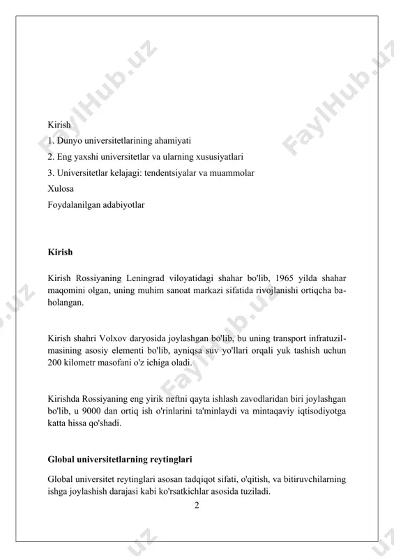 da tashkil etilgan) kabi eng qadimgi universitetlar shular jumlasidandir. yevropa universitetlari ects (european credit transfer system) orqali kreditlarni o'tkazish tizimiga ega, bu esa talabalarga 36 mamlakatda tan olingan kreditlarni olish va o'tkazish imkonini beradi. ko'pgina yevropa universitetlari, ayniqsa germaniya, fransiya va skandinaviya mamlakatlarida o'qish xorijiy talabalar uchun bepul yoki arzon narxda bo'lib, yuqori ta'limni qulay qiladi. osiyo universitetlari "osiyo universitetlari" reytinglari ko'pincha qs world university rankings va times higher education kabi global reyting tashkilotlari tomonidan tuziladi, ular 1000 dan ortiq osiyo otmlarini baholaydi. osiyo universitetlarida stem sohalari, ayniqsa, texnologiya, muhandislik va matematika bo'yicha o'quv dasturlari juda rivojlangan bo'lib, ko'plab davlatlar 2030 yilga qadar bu sohalarni ustuvor deb belgilagan. singapur milliy universiteti (nus) va pekin universiteti (pku) kabi osiyo universitetlari har yili dunyoning eng yaxshi 50 ta universiteti qatoriga kiradi, bu mintaqadagi ta'lim sifatini aks ettiradi. avstraliya va okeaniya universitetlari avstraliya va okeaniya universitetlari tadqiqotga yo'naltirilganligi bilan mashhur, ko'plab universitetlar dunyoning …