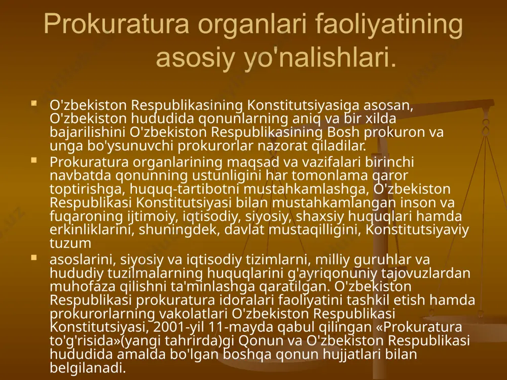 kuchlarida, vazirliklar, davlat qo'mitalari va idoralarining harbiy tuzilmalarida qonunlarga rioya etilishi ustidan nazorat qilish; — qonuniylikni ta'minlash va jinoyatchilikka qarshi kurash borasidagi faoliyatini muvoiiqlashtirish; — jinoyat yuzasidan dastlabki tergov olib borish; — sud muhokamasining barcha bosqichlarida va qonun hujjatlarini qo'llash amaliyoti to'g'risidagi masalalar sud tomonidan ko'rilayotganda ishtirok etish; — qonun ijodkorligi faoliyatida hamda jamiyatda huquqiy madaniyatni oshirish ishida ishtirok etish kabilardir. prokuratura organlari o'zbekiston respublikasi faoliyati prinsiplari prokuratura organlari faoliyatini amalga oshirishning o'ziga xos prinsiplari mavjud. quyi pog'onadagi prokurorlar yuqori pog'onadagi prokurorlarga bo'ysunish tartibida o'zbekiston respublikasi bosh prokurori boshchiligidagi yagona markazlashgan tizimni tashkil etadilar. ushbu tamoyil barcha darajadagi prokurorlar oldida turgan maqsad va vazifalarning birligini hamda qonunlarning ijro etilishi ustidan nazoratni amalga oshirish shakli va uslublarining umumiyligini, qonun buzilishi holatlariga nisbatan prokurorning ta'sir ko'rsatish vositalari, shuningdek qonunbuzarliklarning oldini olish choralarini ko'rish-ning yagonaligini anglatadi. prokuraturaning yagona va markazlashtirilganligi prokuratura tizimining barcha boshqaruv organlari, korxonalar, muassasalar, tashkilotlar, jamoat birlashmalari, mansabdor shaxslar va …