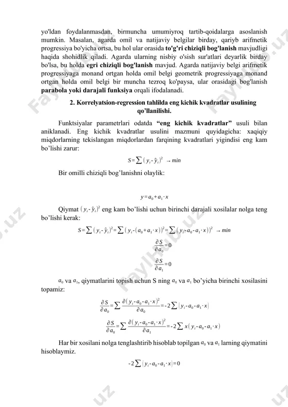 ntilishiga asoslanadi. shuning uchun regressiyaning qoldiq qiymatlarini ko’rib chiqish muhim ahmiyat kasb etadi. “eng kichik kvadratlarining” uchinchi taxmini gomoskedatlikka tegishli bo’lib, u har bir x uchun qoldiqning dispersiyasi bir xil bo’lishi ekanligini anglatadi. bu taxmin, masalan x ning katta qiymatlari uchun qoldiq dispersiyasini imkoni, huddi kichik qiymatlardagi kabi degan tasdiq bilan kelishiladi. gomoskedatlik sharti: agar yuqoridagi “eng kichik kvadratlar” usulining qo’llanish sharti bajarilmasa, bunda geteroskedatlik holati hosil bo’ladi. geteroskedatlik regressiya tenglamasining parametrlari samaradorligini pasayishiga ta’sir qilmoqda. 1-rasm. geteroskedatlikka misollar. a - qoldiqlarning dispersiyasi x kattalashgan sari ortmoqda; b - qoldiqlarning dispersiyasi x o'zgaruvchining o'rtacha qiymatlarida maksimal qiymatga etadi va minimal va maksimal qiymatlarida kamayadi. c – x ning kichik qiymatlarida qoldiqlarning maksimal dispersiyasi va x qiymatlarining ortishi bilan qoldiqlarning tarqalishi bir xil bo'lmoqda. geteroskedatlikni aniqlash uchun quyidagi usullardan foydalaniladi: 1. qoldiqlarning grafik taxlili 2. spirmen rang korellyatsiya testi 3. gollfeld-kvandt testi 4. park testi 5. gleyzer testi mustaqil ishlash uchun …
