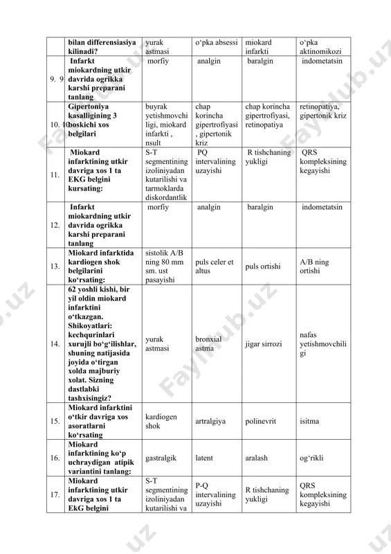 ing uzayishi r tishchaning yukligi qrs kompleksining kegayishi 12. infarkt miokardning utkir davrida ogrikka karshi preparani tanlang morfiy analgin baralgin indometatsin 13. miokard infarktida kardiogen shok belgilarini ko‘rsating: sistolik a/b ning 80 mm sm. ust pasayishi puls celer et altus puls ortishi a/b ning ortishi 14. 62 yoshli kishi, bir yil oldin miokard infarktini o‘tkazgan. shikoyatlari: kechqurinlari xurujli bo‘g‘ilishlar, shuning natijasida joyida o‘tirgan xolda majburiy xolat. sizning dastlabki tashxisingiz? yurak astmasi bronxial astma jigar sirrozi nafas yetishmovchiligi 15. miokard infarktini o‘tkir davriga xos asoratlarni ko‘rsating kardiogen shok artralgiya polinevrit isitma 16. miokard infarktining ko‘p uchraydigan atipik variantini tanlang: gastralgik latent aralash og‘rikli 17. miokard infarktining utkir davriga xos 1 ta ekg belgini kursating: s-t segmentining izoliniyadan kutarilishi va tarmoklarda diskordantlik p-q intervalining uzayishi r tishchaning yukligi qrs kompleksining kegayishi 18. bronxial astma qaysi kasalliklar bilan differensiasiya kilinadi? miokard infarkti, yurak astmasi miokard infarkti, o‘pka absessi o‘pka aktinomikozi, miokard infarkti gipertoniya …