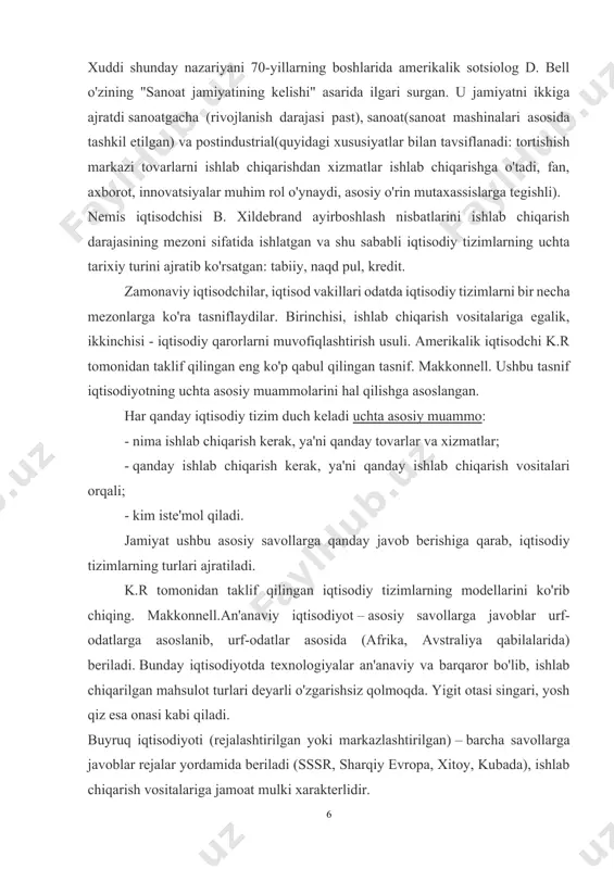 ari ajratiladi. k.r tomonidan taklif qilingan iqtisodiy tizimlarning modellarini ko'rib chiqing. makkonnell.an'anaviy iqtisodiyot – asosiy savollarga javoblar urf-odatlarga asoslanib, urf-odatlar asosida (afrika, avstraliya qabilalarida) beriladi. bunday iqtisodiyotda texnologiyalar an'anaviy va barqaror bo'lib, ishlab chiqarilgan mahsulot turlari deyarli o'zgarishsiz qolmoqda. yigit otasi singari, yosh qiz esa onasi kabi qiladi. buyruq iqtisodiyoti (rejalashtirilgan yoki markazlashtirilgan) – barcha savollarga javoblar rejalar yordamida beriladi (sssr, sharqiy evropa, xitoy, kubada), ishlab chiqarish vositalariga jamoat mulki xarakterlidir. bozor iqtisodiyoti (sof kapitalizm) – barcha savollarga bozor mexanizmlari yordamida javob beriladi, ishlab chiqarish vositalariga xususiy mulkchilik xosdir. ammo uning sof shaklida bozor iqtisodiyoti mavjud emas; sof kapitalizm davlatning iqtisodiyot ishlariga aralashmasligini taxmin qiladi va bu dunyoning biron bir joyida mavjud emas. g'arbiy evropa va amerika mamlakatlari aralash iqtisodiyotga ega. aralash iqtisodiyot -bozor mexanizmlari ta'siri bilan bir qatorda davlatning iqtisodiyot ishlariga aralashuvi, turli xil mulkchilik shakllari mavjud bo'lgan iqtisodiyot. aralash iqtisodiyotning har xil turlarini ajratish mumkin: masalan, rejalashtirilgan kapitalizm, …