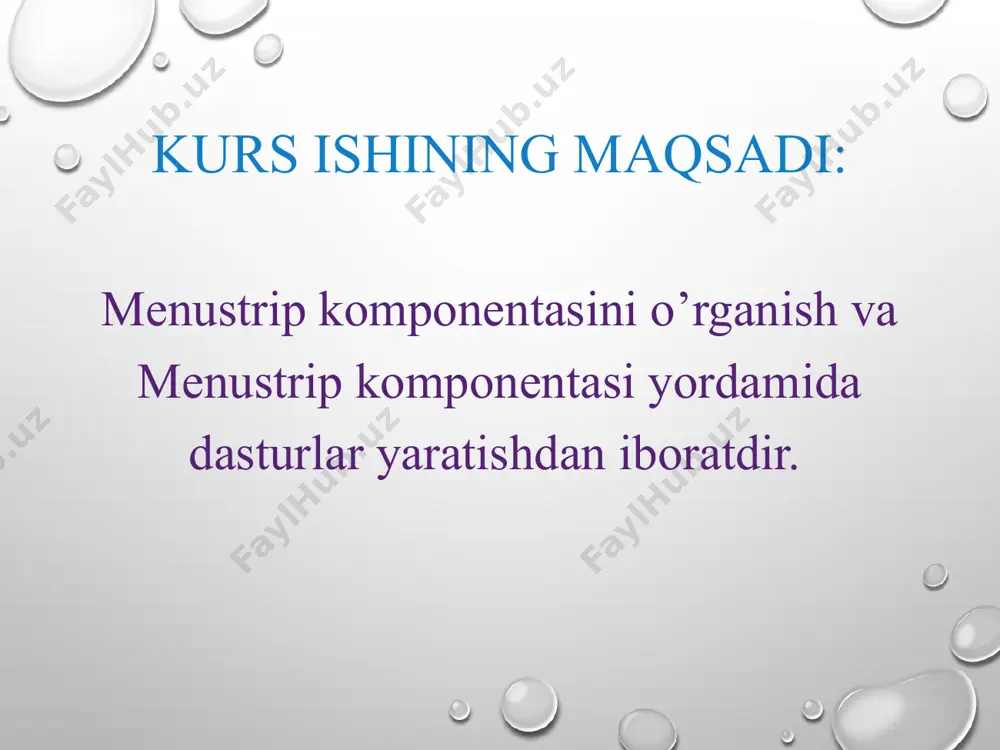 n menustrip, texbox, colordialog komponentlarini formaga tashlaymiz va menyu elementlariga nom beramiz. menustripdan foydalanib bloknot dasturini tuzish menyuga nom berilgan holati menustripdan foydalanib bloknot dasturini tuzish fayl menyusi uchta elementdan iborat: tahrirlash menyusi quydagi elementlardan iborat: menustripdan foydalanib bloknot dasturini tuzish format menyusi ikkita elementdan iborat: dastur haqida menyusi ikki elementdan iborat: bloknot dasturining ishlash holati e’tiboringiz uchun rahmat!