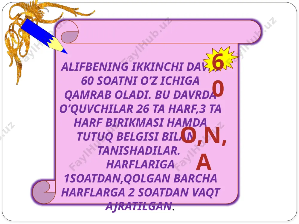 ber-chi yo bo`lsammikan elchi samolyot qo’nar shu on bu manzil farangiston deyman; azizlar, salom! “bonju” hammamiz omon! alfavitdagi harflar ketma-ketligi asosida yaratilgan yana bir janr topishmoqli alifbe ham bugungi o`zbek bolalar she’riyatida yangi hodisa. k.turdiyeva topishmoqlarni shunday ketma-ketlikda beradiki, ularning javobi alfavitdagi harflar bilan boshlanadi: a– asal yig`ar, nishi bor. (asalari) b– sariq meva dorivor.(behi) d– marjonlardek terilgan. (do`lana) e– aqlliga berilgan. (es) f– juda ham ulkan jonzot. (fil) g– u bilan go`zal hayot. (gul) h – qovunga kichik ini. (handalak) i- qushlar quradi uni. (in) alifbe darsliklardan o`rin olishi lozim bo`lgan alifbe she’rlar o`quvchilarga sinfda va sinfdan tashqari o`tkaziladigan ma’rifiy-tarbiyaviy tadbirlarda yod olininb, o`rgatib borilsa maqsadga muvofiq bo`ladi. chunki, boshlang`ich sinfga endigina qadam qo`ygan, harfla va ular orqali hayotni, so`zni taniy boshlagan kichkintoylar ma’naviy olamini boyitishda, xotirasini charxlashda ishimizda ko`rib o`tilgan alifbe she’rlarning xilma-xil ko`rinishlari bilan tanishuvlari shart va zarur. alifbodan harflarni oldimizda saf tortishdi biz or’gandik oz – …