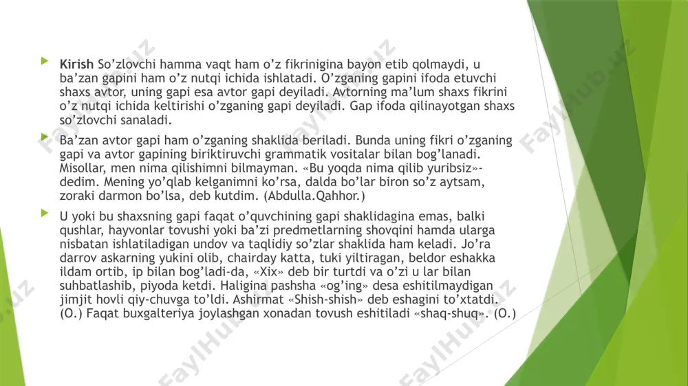 gapning bir necha o’ziga xos xususiyatlari bor. buyruq mazmunidagi ko’chirma gapda ko’pincha undalma ishtirok etadi va undalmali gapning fel kesimi buyruq mayli formasida keladi` «og’lim, yaxshisi shuki,-dedi «sakson ota qo’lini siltab,-qolgan ishga qor yog’ar degan qadimgi so’zni unutma». (o.) nortoy polvonga qichqirdi o’ktam` «hormang, polvon» (o.) gapning mazmuniga qarab ko’chirma gapning intonatsiyasi turlicha bo’ladi` «gap qiziqishda,- javob berdi egamberdi,-hammasini kitobdan o’qidim-da, to’ppa-to’og’ri imtihonga bordim». (o.) «nega xat-pat, telegramma yubormadingiz»-dedi jo’ra.(o.) ko’chirma gapdagi intonatsiya uning o’rniga qarab ham turlicha bo’ladi. agar u avtor gapidan oldin kelsa. avtor gapidan ko’ra kuchliroq ohang bilan aytiladi, avtor gapidan oldin qisqa pauza bo’ladi` «qizlar zvenosi bu»-dedi jo’ra. ko’chirma gap avtor gapidan keyin kelsa, to’liqroq pauza hamda balandroq ohang bilan talaffuz qilinadi` jo’ra dedi` «qizlar zvenosi bu». agar avtor gapi ko’chirma gapning o’rtasida kelsa, u gap o’rtasida kelgan kirish so’z va kirish gaplarga o’xshash past ohangda aytiladi` «bu, - dedi jo’ra,-qizlar zvenosi». ko’chirma gapda bayon qilingan …