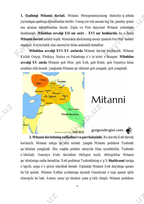 ing ta`siriga tushib, o`z mustaqilligini yo`qotadi. 3. mitanni davlatining xo`jaligi. mitannining katta qismini arman tog`liklari egallagan. mamlakat janubida yuqori mesopotamiya pasttekisligi joylashgan. mitannidagi daryo va soy sohillarida yashagan aholi asosan arpa, bug`doy, no`xat, kunjut, sabzavot va mevalar ekib bog`dorchilik va sabzavotchilik bilan shug`ullanganlar. sohibkorlar xurmo va uzum ham yetishtirganlar. mitanni aholisi qo`y, echki, sigir, buqa, buzoq, eshak boqib, chorvachilikka katta ahamiyat bergan. mamlakatda ot boqib, yilqichilikni rivojlantirish katta ahamiyat kasb etgan. mitanni 5 otlari butun old osiyo mamlakatlarida mashhur bo`lib, ularning narxi yuqori baholangan. mitannida kulolchilik, to`qimachilik, zafgarlik, qurolsozlik, ma`dansozlik ham rivoj topgan edi. mitanni to`rt tomonga boradigan yo`l ustida, shuningdek madaniyat rivoj topgan mamlakatlar o`rtasida joylashgan edi. shuning uchun bu yerda ichki va tashqi savdo rivojlangan edi. mitanni misr, suriya, palastin, finikiya, xett, mesopotamiya, urartu va ossuriya kabi davlatlar bilan qizg`in savdo-sotiq ishlari olib borgan. mitanni qo`shni xalqlar madaniyatidan bahramand bo`lgan. 4. mesopotamiyaga xoldeylar hukmronligining boshlanishi. miloddan avvalgi xiii …