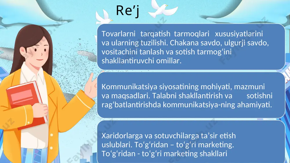 tsiyasiga qarab belgilanadi. taqsimot kanallari: mahsulotni iste'molchilarga yetkazib berish uchun qanday kanallar tanlanishini belgilaydi (masalan, chakana savdo, internet orqali sotish). sotuvchilarni boshqarish: kompaniyaning sotuvchilar jamoasi qanday tashkil etilishi, ularning ish rejasi, maqsadlari va motivatsiyasi. rag'batlantirish qo'llanadigan usullari: metodlar, sotishni masalan, rag'batlantirish uchun chegirmalar, aksiyalar va sodiqlik dasturlari. narx siyosati (pricing policy) narxni belgilash sotish siyosatining markaziy qismidir. narx siyosatining asosiy turlari: chegirma siyosati: mijozlarni jalb qilish uchun mavsumiy yoki ommaviy xaridlarda chegirmalar berish. dinamik narxlash: bozor sharoitiga qarab narxlarni o‘zgartirish. raqobatchilarga asoslangan narxlash: bozordagi raqobatchilar narxlariga mos narxlarni belgilash. mijozlarga xizmat ko'rsatish siyosati mahsulot sotilgandan keyin qo'llab-quvvatlash xizmatlarini taklif qilish. xarid jarayonini qulay qilish uchun bonuslar va kafolat xizmatlarini taqdim etish. targ'ibot va sotishni rag'batlantirish (sales promotion) reklama kampaniyalari orqali mahsulot haqida xabardorlikni oshirish. savdo aktsiyalari: chegirmalar, sovg‘alar yoki qo‘shimcha xizmatlarni taklif qilish. loyallik dasturlari: mijozlarni qayta sotib olishga jalb qilish uchun maxsus takliflar. bozor segmentatsiyasi va mijozlar ehtiyojlarini qondirish …