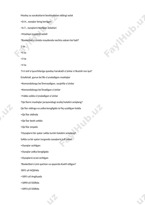 mnastikaning turini toping? badiy va suv polosi gimnastikasi =ritmik gimnastika, ushu, akrobatika =egg, ayollar kurashi =aerobika, sheping, ritmik gimnastika ?harakatli o’yinlarni tashkilotchisi va boshqaruvchisi kim? o’qituvchi =sinf rahbari =o’yin boshi =jamoa sardori ?safdan orani ochish uchun qanday bo’yruq beriladi? boshlovchidan chapga (o’nga) va qo’l kengligida orani ochish =chapga (o’nga) aylanib yurish =uch qatorga saflanish =boshlovchidan chapga orani ochish ?basketbol o’yini qachon olimpiada o’yinlari dasturiga kiritilgan. (erkaklar o’rtasida)? 1936-yil =1938-yil =1940-yil =1939-yil ?gavdaning qo’llarga tayanib, ketma-ket bosh orqali to’ntariladigan aylanma harakatini aniqlang? oldinga umboloq oshish =dumalash =g’ujanak bo’lish =halqa ?safda xarakatni qaysi oyoqdan boshlash lozim? chapdan =o’ngdan =farqi yo’q =o’mboloq oshib ?basketbol maydoni o’lchami qancha? 28x15 metr =28x16 metr =30x15 metr =32x16 metr ?gimnastika atamalari deganda nimani tushunasiz? mashqlarning umumiy tushunchalari va qo’llaniladigan maxsus nomlari =maxsus tushuncha =mashq nomi =maxsus mashqlar ?safda “ortga” buyrug’i qaysi yelkadan bajariladi? chap yelka tomondan =o’ng yelka tomondan =farqi yo’q =yon tomon bilan ?doira bo’lib yurish …