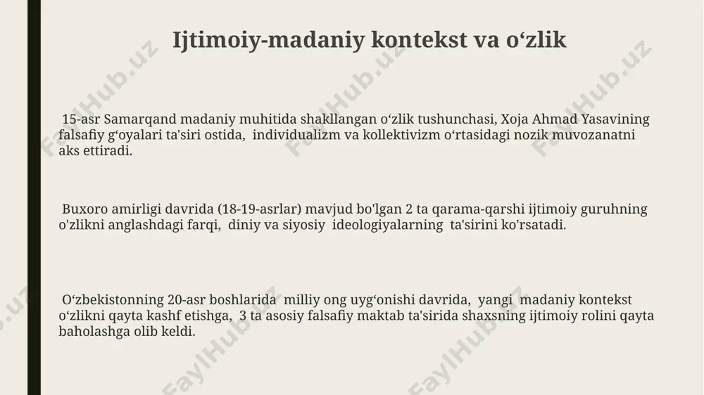 dagi tarbiya usullariga bogʻliq boʻlib, dunyoqarashning rivojlanishiga asos boʻladi. dunyoqarashning shakllanishiga 15-25 yosh oraligʻidagi davr, ayniqsa, 21-asrning globalizatsiyalashgan dunyosida, katta taʼsir koʻrsatadi va shaxsning oʻz-oʻzini anglash jarayoniga chuqur taʼsir qiladi. oʻz-oʻzini anglashning bosqichlari uchunchi bosqich, 45 yoshdan keyin, oʻz hayotida 7 ta muhim voqeani tahlil qilish va ularning shaxsning rivojlanishiga taʼsirini anglash orqali, oʻz-oʻzini qabul qilish va maʼnaviy kamolotga erishish bilan belgilanadi, bu jarayon koʻpincha sharqona falsafa taʼsirida boʻladi. ikkinchi bosqich (30-40 yosh), oʻz-oʻzini tanqid qilish va 5 ta xatoliklarni tahlil qilish orqali amalga oshiriladi, bu yerda shaxs oʻzining dunyoqarashini qayta koʻrib chiqadi va samarqand kabi tarixiy joylarning falsafiy merosidan ilhom oladi. oʻz-oʻzini anglashning birinchi bosqichi, taxminan 15-25 yosh oraligʻida, shaxsning oʻziga xos qadriyatlar tizimini shakllantirish va 3 ta asosiy hayot maqsadi aniqlash bilan tavsiflanadi, bu jarayon koʻpincha gʻarb falsafiy anʼanalari taʼsiri ostida sodir boʻladi. shaxsiy tajriba va falsafiy sanʼat falsafiy sanʼat, masalan, 20-asr o'rtalaridagi toshkent avangardining asarlarida, 3 ta …
