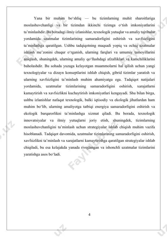 aloqa qilish ularni tashqi aralashuvlar, shovqin, yoki tashqi ta'sirlarga qarshi himoyasiz qiladi. bu esa, ayniqsa, signalning sifati va xavfsizlik uchun muammo tug‘dirishi mumkin. masalan, atmosfera shovqini, elektromagnit aralashuvlar yoki fiziki ta'sirlar ochiq uzatmalar uchun xavf tug‘diradi. yopiq va ochiq uzatmalar ishlash me'zoni o‘rtasidagi farqlarni chuqurroq anglash uchun, ularning ishlash prinsiplari, samarasizliklari va texnologik imkoniyatlarini tahlil qilish zarur. yopiq tizimlar odatda yopqich va muhrlangan bo‘lib, signallar yoki energiya tashish jarayonlarining muhofazasi va xavfsizligini ta'minlaydi. bu esa, ularni yuqori xavfsizlik talab qilinadigan sohalarda, masalan, bank tizimlari yoki davlat muhofazasi uchun ideal qiladi. ochiq tizimlar esa, asosan, iqtisodiy va texnik jihatdan qulay bo‘lib, keng tarqalgan va ko‘p hollarda texnik muammolarni hal qilish uchun foydalaniladi. hozirgi kunda, texnologik rivojlanish bilan, murakkab shart-sharoitlarda ishlash uchun hamkorlik qiladigan aralash tizimlar (hybrid tizimlar) ishlab chiqilmoqda. bu tizimlar yopiq va ochiq uzatmalar me'zoni bilan birga, ularning afzalliklarini birlashtirishga intiladi. masalan, energiya ta'minoti va ma'lumot uzatishda xavfsizlikni oshirish uchun, …