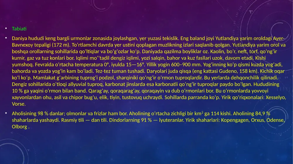 hgan. chorvachilikda qoramol, choʻchqa boqiladi, parrandachilik rivojlangan. transporti temir yoʻl uzunligi 3 ming km dan ortiq, undan 2470 km elektrlashtirilgan. avtomobil yoʻllari uzunligi 71 ming km. asosiy porti — kopengagen. tashqi savdosi yalpi ichki mahsulotning 37 % ini tashkil etadi. chetga asosan mashina va asbob-uskunalar, qishloq xoʻjaligi va oziq-ovqat sanoati mahsulotlari chiqaradi. tashqi savdodagi asosiy mijozlari: olmoniya, shvetsiya, buyuk britaniya. pul birligi — daniya kronasi. daniya maorif tizimining ilk boʻgʻini — bolalar bogʻchalari. 6 yoshdan bolalar uchun 9 yillik majburiy taʼlim joriy etilgan. boshlangʻich maktablarda oʻqish muddati — 7 yil, kichik oʻrta (real) maktablarda 3 yil, yuqori oʻrta maktab (gimnaziya)larda 3 yil, xunar-texnika bilim yurtlarida 1 — 3 yil bolalarning 90 % bepul davlat maktablarida taʼlim oladi. oliy oʻquv yurtlariga gimnaziya attestatlari asosida tanlov yoʻli bilan qabul qilinadi. 5 ta universitet, 3 ta texnika universiteti, 20 ga yaqin institut va kollejlarda oliy maʼlumot beriladi. yirik oliy oʻquv yurtlari: kopengagen (1479 …