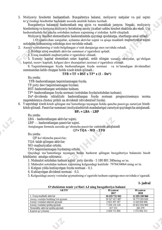 qiluvchilarning doirasi kengayadi. shu sababli, bashoratlangan moliyaviy hisobotlarga tayangan holda yaqin va uzoq davriylikdagi xamkorlik aloqalari, sherikchilik, aksiyalarni sotish olish yuzasidan ularning ahamiyati oshib bormoqdi. ayniqsa, kredit institutlarining berilgan kredit muddatlari bо‘yicha korxonaning moliyaviy holati va natijalarining kutilishlarini bilishga zaruriyati yanada oshmoqda. bundan kо‘rinib turibdiki banklar birinchi navbatda korxonalarning tarixi bilangina emas balki iqtisodiy jihatdan asolangan faoliyatning uzluksizligi va davomiyligi, moliyaviy axvol va natijalarning kelajakdagi kutilishlarini bilish bilan ham qiziqadilar. shu bilan birga, esdan chiqarmaslik lozimki, kelajakda kutiladigan natijalarning eng ishonchli manbalari ham malum bir taxminlardan, kamchiliklardan albatta xoli bо‘la olmaydi. bu esa risklarni baholash ularning kamyatirish choralarini kо‘rish bilan hal etiladi. aktivlar, kapital va majburiyatlarni bashoratlash moliyaviy holatni bashoratlashda eng muhim obyekt bu buxgalteriya balansidir. uning muhim elemntlariga aktivlar, kapital vamajburiyatlar kiradi. buxgalteriya balansini bashoratlash orqali korxonaning joriy davrdagi holatining kelgusidagi kutilishlari rejalashtiriladi. bashoratlash modelini tuzib chiqish yuzasidan quyidagi tartibdagi amallar bajariladi. buxgalteriya balansining tuzilishi: a=k+m bu yerda: a-aktivlar; …