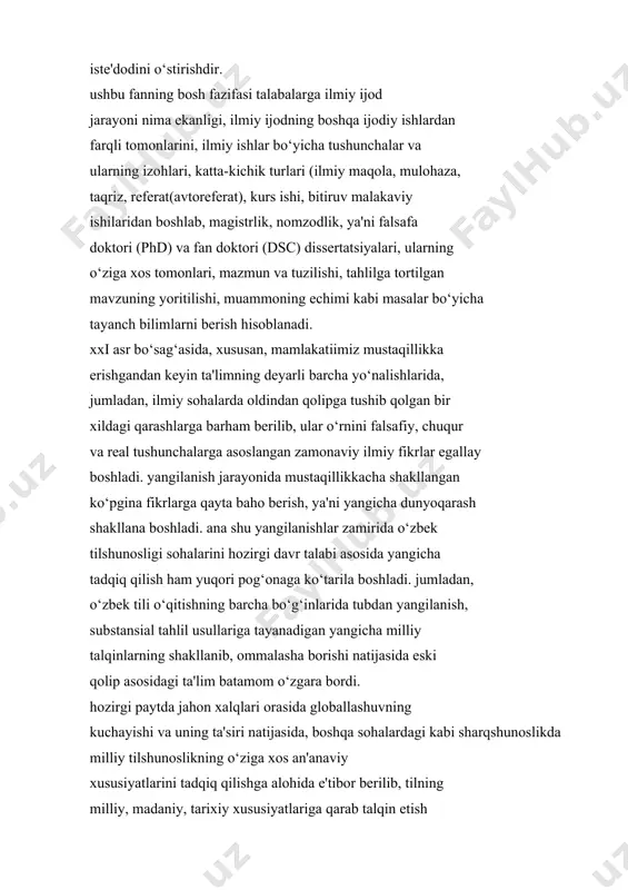 ma'noda dolzarb muammolari haqida ham so‘z yuritish muhim ahamiyat kasb etadi. bu esa ilmiy ish asoslari fanining mundarijasini belgilashga yordam beradi. shu bois ushbu fanda anchagina ilmiy ish yaratishga zarur bo‘lgan nazariy masalalar bilan talabalarni davr talablaridan kelib chiqadigan, o‘zbek tilshunosligi fani zimmasiga qo‘yilayotgan yangi ijtimoiy buyurtma bilan tanishtirish uchun yangi lingvistik paradigma va yo‘nalishlar haqida ilmiy-metodologik ma'lumot berish maqsadga muvofiq, deb qarash lozim bo‘ladi. buning uchun talabalarni ilmiy ish qilishga yo‘naltirish uchun dastavval ularga til bilmining shakllanish taraqqiyoti bo‘yicha ma'lumot berish lozim topiladi. bular quyidagilar bilan izohlanadi: -qadimgi turkiy tilshunosligi va uning bosqichlari; - o‘zbek tilshunosligi bosqichlari; - o‘zbek formal tilshunosligi va uning maqsad, vazifalari; - o‘zbek substansial tilshunosligi maqsad va vazifalari; - jahon tilshunosligi yutuqlari va o‘zbek tilshunosligi oldiga qo‘yilayotgan talablar; - jahon tilshunosligi yangi paradigmalari haqida axborot berish; - o‘zbek tilshunosligi zamonaviy yo‘nalishlarining dolzarb muammolari haqida ma'lumotlar va hokazolar. xullas, ushbu masalalar bilan tanishib chiqilgach, talabalarni zamonaviy …