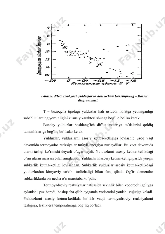 y reaksiyalar natijasida sekinlik bilan vodorodni geliyga aylanishi yuz beradi, boshqacha qilib aytganda vodorodni yonishi vujudga keladi. yulduzlarni asosiy ketma-ketlikda bo’lish vaqti termoyadroviy reaksiyalarni tezligiga, tezlik esa temperaturaga bog’liq bo’ladi. yulduz massasi qancha katta bo’lsa uning temperaturasi shuncha katta, natijada termoyadroviy reaksiyalar o’tish tezligi shuncha katta bo’ladi. temperaturaning kattaligi, yulduzlarni tashkil etgan gaz bosimini yuqori va uning yuqori qatlamlarini muvozanatga saqlash uchun yetarli bo’lishiga olib keladi. shuning uchun yuqori qatlamlari muvozanatda saqlash uchun nisbatan massiv yulduzlarda yadroviy reaksiyalar tezroq o’tib ularni asosiy ketma-ketlikda bo’lish vaqtini kamaytiradi, chunki energiya tezroq sarflanadi. hisoblashlarni ko’rsatishicha b-o sinfidagi yulduzlar asosiy ketma-ketlikda 10 7 yildan kamroq vaqt bo’lsa, quyosh va undan keyingi spectral sinflarga mansub yulduzlarning asosiy ketma-ketlikda bo’lish davri 10 10 yildan oshadi. yadroviy reaksiyalar yulduzlarni markaziy oblastlarida kechadi. vodorodni yonishdan keyin konvektiv yadroni radiusi va massasi kamayadi. hisoblashlarni ko’rsatishicha bunda yulduz diagramma o’ng tomoniga qarab ko’chadi. nisbatan massiv yulduzlar tezroq ko’chadi. shuning uchun …