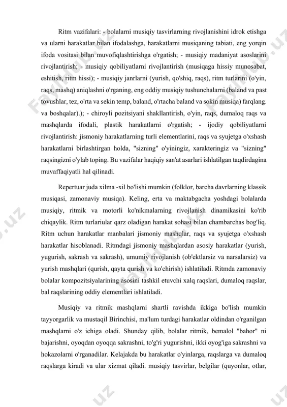 va ularni harakatlar bilan ifodalashga, harakatlarni musiqaning tabiati, eng yorqin ifoda vositasi bilan muvofiqlashtirishga o'rgatish; - musiqiy madaniyat asoslarini rivojlantirish; - musiqiy qobiliyatlarni rivojlantirish (musiqaga hissiy munosabat, eshitish, ritm hissi); - musiqiy janrlarni (yurish, qo'shiq, raqs), ritm turlarini (o'yin, raqs, mashq) aniqlashni o'rganing, eng oddiy musiqiy tushunchalarni (baland va past tovushlar, tez, o'rta va sekin temp, baland, o'rtacha baland va sokin musiqa) farqlang. va boshqalar).); - chiroyli pozitsiyani shakllantirish, o'yin, raqs, dumaloq raqs va mashqlarda ifodali, plastik harakatlarni o'rgatish; - ijodiy qobiliyatlarni rivojlantirish: jismoniy harakatlarning turli elementlarini, raqs va syujetga o'xshash harakatlarni birlashtirgan holda, "sizning" o'yiningiz, xarakteringiz va "sizning" raqsingizni o'ylab toping. bu vazifalar haqiqiy san'at asarlari ishlatilgan taqdirdagina muvaffaqiyatli hal qilinadi. repertuar juda xilma -xil bo'lishi mumkin (folklor, barcha davrlarning klassik musiqasi, zamonaviy musiqa). keling, erta va maktabgacha yoshdagi bolalarda musiqiy, ritmik va motorli ko'nikmalarning rivojlanish dinamikasini ko'rib chiqaylik. ritm turlariular qarz oladigan harakat sohasi bilan chambarchas bog'liq. ritm …