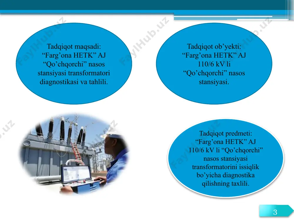 ash: buyerdaf -buzilish darajsi - har bir komponentning xavfi; - nuqsonlarningdarajasinianiqlash. 12 yillik tejamkorlik: bu yerda - ishlamay qolgandagi harajatlar. 13 transformatorning foydali xizmat qilish muddati 10 yil degan taxminga asoslanib, s tejamkorligi: 10 yil kutilgan xizmat muddati bilan 10 yillik ishlash uchun tejash 126 mln ni tashkil qilishi mumkin, bu transformatorning umumiy qiymatining 4,5% ni tashkil qiladi. 14 xulosa xulosa qilib aytganda diagnostika energetikaning ajralmas qismi. tan narx jixatdan qimmat bo’lgan elektr jixozlarni o’z vaqtida diagnostika qilish ularni benuqson va samarali ishlashi uchun juda zarurdir. shu bilan birgalikda ularning eskirish jarayonini ham sekinlashtiradi. 15 e’tiboringiz uchun raxmat! image2.png image3.png image4.png image5.jpeg image6.png image7.png image8.png image9.png image10.png image11.png image12.png image13.png image14.png image15.png image16.png image17.png image18.png image19.png /docprops/thumbnail.jpeg