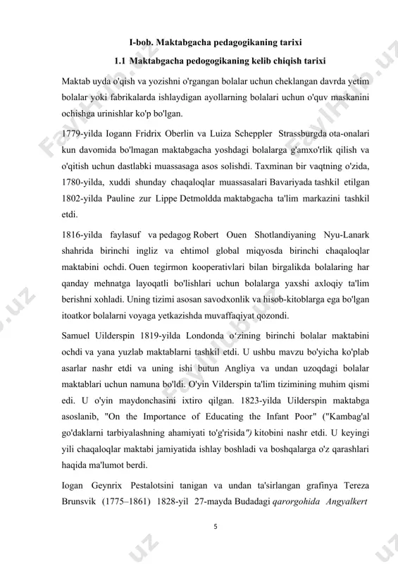 lar bog'chalari 1882-yilda ontario, berlinda markaziy maktabda tashkil etilgan. 1885-yilda toronto oddiy maktabida (o'qituvchilar tayyorlash) bolalar bog'chasida o'qitish bo'limi ochildi. elizabet xarrison erta bolalik ta'limi nazariyasi bo'yicha ko'p yozgan va 1886-yilda milliy ta'lim kollejini tashkil etish orqali bolalar bog'chasi o'qituvchilari uchun ta'lim standardlarini oshirish ustida ishlagan. head start aqshda davlat tomonidan moliyalashtiriladigan birinchi maktabgacha ta'lim dasturi bo'lib, 1965-yilda prezident jonson tomonidan kam ta'minlangan oilalar uchun yaratilgan - o'sha paytda bolalarning atigi 10 foizi maktabgacha ta'lim muassasalariga qamrab olingan. katta talab tufayli turli davlatlar 1980-yillarda kam ta'minlangan oilalar uchun maktabgacha ta'lim muassasalarini subsidiya qilgan. xix asming ikkinchi yarmi-xx asrda shveysarya, angliya va boshqa yevropa mamlakatlarida nemis pedagogi fridrix frebelning maktabgacha tarbiya nazariyasi keng ommalashdi. pedagogika tarixida frebelning ahamiyati shu bilan belgilanadiki, u maktabgacha tarbiya nazariyotchisi bo‘lgani holda maktabgacha pedagogikani mustaqil fan tarmog’iga ajratilishiga ko‘maklashdi. ayni paytda u ilk bor «bolalar bog’chasi» tushunchasini muomalaga kiritdi. fridrix frebelning pedagogik tizimi bolalar bog’chasining paydo …