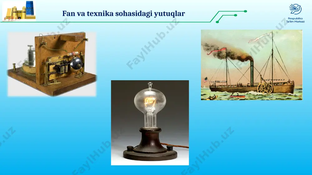shini taʼminladi. u odamlar hayotiga quyidagi oʻzgarishlarni olib keldi: a) shaxsiy erkinliklar kengaydi; b) feodal qaramlikdan ozod boʻlish jarayoni davom etdi; d) mahalliy boshqaruv organlari shakllandi; e) ittifoqlar va siyosiy partiyalar tashkil qilindi; f) ayollarning erkaklar bilan teng huquqliligini taʼminlash uchun kurash olib borildi; g) vijdon erkinligi eʼlon qilindi va kafolatlandi. ilm-fanda juda katta oʻzgarishlar yuz berdi. uni ishlab chiqaruvchi kuchga aylantirishning uzoq davom etgan jarayoni xx asrda ilmiy-texnik inqilobga olib keldi. shu tariqa ilm-fan jamiyatni olgʻa harakatlantiruvchi qudratli kuchga aylandi. fandagi ixtirolar sanoat va qishloq xoʻjaligiga joriy qilindi. temiryoʻllar, paroxodlar, avtomobillar, samolyotlar, elektr yoritkichlar, telefon, telegraf va boshqa koʻplab ixtirolar insonlar hayotini tubdan oʻzgartirib yubordi. ilm-fan yutuqlaridan ilhomlangan bu davr kishilari tabiatni boʻysundirishga, insonning cheksiz imkoniyatlarini ishga solishga, inson tabiatining oʻzini mukammallashti rishga intilib yashadilar. natijada dinning inson ongiga taʼsiri susaydi, koʻplab mamlakatlarda dunyoviy taʼlim yoʻlga qoʻyilib, diniy muassasalar davlatdan, taʼlim jarayoni dindan ajratildi. dunyoviy davlat, maktab, fan va …