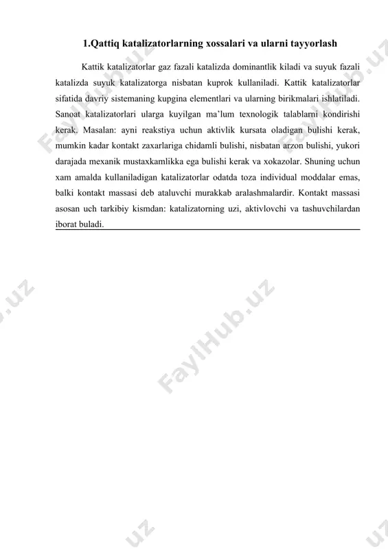 emirning katalizatorlik ta’siri aktivligi ancha ortadi. tashuvchilar yoki tregerlar deb u yoki bu usul bilan katalizator kuyiladigan yoki shimdiriladigan mustaxkam, utga chidamli, sirti keng bulgan govak moddalarga aytiladi. i.e.adaduruv tekshirishlari shuni kursatdiki, tashuvchi, katalizator molekulalarini deformastiyalaydi va natijada, uning aktivligi ortadi. tashuvchidan foydalanish ikki tomonlama, xam texnologik xam iktisodiy jixatdan foydali va kulaydir. birinchidan ichki aktiv yuzalar (govaklari) ko’paygan govak kontakt massasi hosil bo’ladi, uning mexanik mustaxkamligi va utga chidamliligi ortadi. ikkinchidan kimmatbaxo katalizatorlar (platina, nikel va vanadiy oksidi, palladiy, kumush va boshkalar) tejab kolinadi. ba’zi xollarda tashuvchilarning uzlari xam aktivlovchi bulishi mumkin. katalizatorni tashuvchilarga (tregerlarga) slikagel, alyumosilikat, pemza, asbest, kizelgur, kumir, kaolin,ba’zi tuzlar va boshkalar kiradi. katalizatorning aktivligi, nafakat uning kimyoviy tarkibiga balki: donachalarining kattaligi, govaklilik darajasi, govaklarining kattaligi va uning yuzasini xarakteri kabi fizikaviy xarakteristikasiga xam boglik bo’ladi. shuning uchun xam katalizatorning aktivligi uni tayyorlash usuliga boglik bo’ladi. aktiv katalizatorlarni tayyorlashning asosiy usullari: 1) metallarni gidroksidlar yoki karbonatlar …