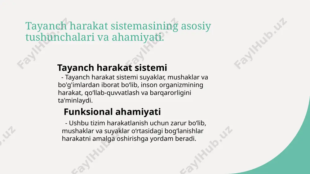 linadi: uzun, qisqa va keng suyaklar. uzun suyaklar, masalan, oyoq va qo'llarda joylashgan bo'lib, harakatda asosiy rol o'ynaydi. qisqa suyaklar, barmoqlardagi kabi, harakatni qo'llab-quvvatlaydi. keng suyaklar esa organsiz himoya vazifasini bajaradi, masalan, qovuq va o'pkalarning atrofida. mushaklar tizimi: suyaklar bilan bog'lanish va harakat mexanizmi. muskullar va suyaklar harakat mexanizmi mushaklar turlari muskullar suyaklarga bog'lanib, ularning harakatini ta'minlaydi. bu bog'lanish mushaklarning qisqarishi va cho'zilishi orqali amalga oshiriladi. mushaklar suyaklar bilan bog'langan holatda, harakat mexanizmi kuch va momentlarni ishlab chiqaradi. bu mexanizm harakatning turli yo'nalishlarini ta'minlaydi. mushaklar skelet, yurak va silliq mushak turlariga bo'linadi. skelet mushaklari harakatni, yurak mushaklari qon aylanishini, silliq mushaklar esa ichki organlarni boshqaradi. bo'g'imlar: harakat erkinligi va muvozanatning ahamiyati. bo'g'imlarning turlari bo'g'imlar, turli funktsiyalarni bajarishga qodir bo'lgan har xil turlarga ega. harakat erkinligi uchun muhim bo'lgan sinovli, harakatli va yarim harakatli bo'g'imlar mavjud. harakat erkinligi bo'g'imlar tananing harakat erkinligini ta'minlaydi. ular suyaklar o'rtasida bog'lanish orqali harakatlarni qo'llab-quvvatlaydi, natijada …