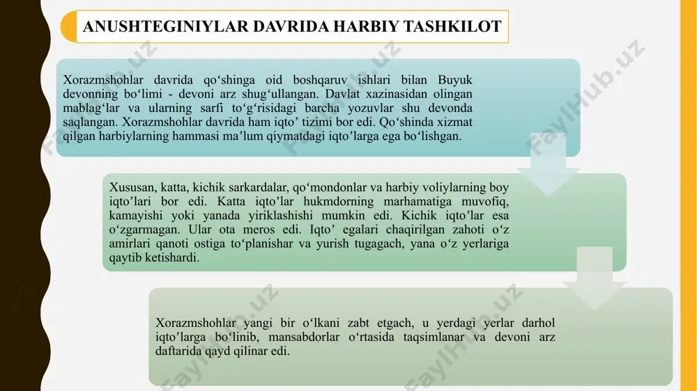 yoj tugʻilgan pallada armiyaga xalqdan yollanma harbiylar ham jalb etilgan. “hashar” deb nomlangan bu koʻngilli qismdan koʻproq shahar va qalʼa mudofaasida foydalanilardi. “hasham” hamda “mutanajjida” deb nomlangan harbiy qismlar qoʻshinning asosini tashkil etgan. mahalliy xonadonlarning idorasidagi muxtor viloyatlar yoki vassal davlatlar ahdnoma shartlariga muvofiq, armiyaga muayyan miqdorda harbiy qismlar joʻnatish majburiyatida edilar. bu qismlarning barcha sarf- xarajati ham ularning boʻynida boʻlgan. xorazmshohlar qoʻshini u davrning eng mukammal qurol-aslahasi, mustahkam qalʼalarni zabt qilish uchun kerakli turli texnik vositalarga ega edi. hukmdor va yuksak martabali amaldorlarning ot yetishtiradigan keng yaylovlari, suruvlari, oziq-ovqat omborlari va katta harbiy yoʻllar ustida barpo etgan manzillaridan iborat bir tizim ishlab turardi. anushteginiylar davrida viloyat askarlari xorazmshohlari oʻz armiyasini tuzgan vaqtda uning armiyasi turk askarlaridan tuzilgan edi. qoʻshin boʻlinmalari va qismlar qabilaviy asosda tashkil qilinar edi. hatto davlatning eng gullab-yashnagan, askarlikka boshqa xalq va qabila yigitlari olingan vaqtlarda ham turklar qoʻshinning asosiy va jangovar qismini tashkil qilar edi. …