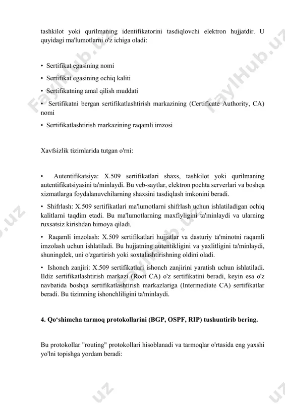 bog'lash va eng yaxshi yo'lni aniqlash uchun ishlatiladi. u siyosatga asoslangan marshrutlashni qo'llab-quvvatlaydi. • ospf (open shortest path first): bu bitta avtonom tizim ichida marshrutlash ma'lumotlarini almashish uchun ishlatiladigan ichki shlyuz protokoli (interior gateway protocol). ospf eng qisqa yo'lni topish uchun dijkstra algoritmidan foydalanadi. u tezkor konvergentsiya, ko'p yo'llarni qo'llab-quvvatlash va xavfsizlikni ta'minlash kabi afzalliklarga ega. ospf "link-state" marshrutlash protokoliga misol bo'la oladi. • rip (routing information protocol): bu ham ichki shlyuz protokoli bo'lib, eng oddiy marshrutlash protokollaridan biri hisoblanadi. rip masofaga asoslangan marshrutlash protokolidir (distance-vector routing protocol) va marshrutni aniqlash uchun "hop count" (o'tishlar soni) dan foydalanadi. rip kichik va o'rta tarmoqlar uchun mos keladi, lekin katta tarmoqlarda sekin konvergentsiya va marshrutlash sikllari kabi muammolarga olib kelishi mumkin. farqi: • bgp - katta tarmoqlar, turli tashkilotlarga tegishli tarmoqlar orasida ishlatiladi. • ospf va rip - bitta tashkilotning ichki tarmog'ida ishlatiladi. ospf katta tarmoqlarga, rip kichik tarmoqlarga mos keladi. 2-topshiriq …